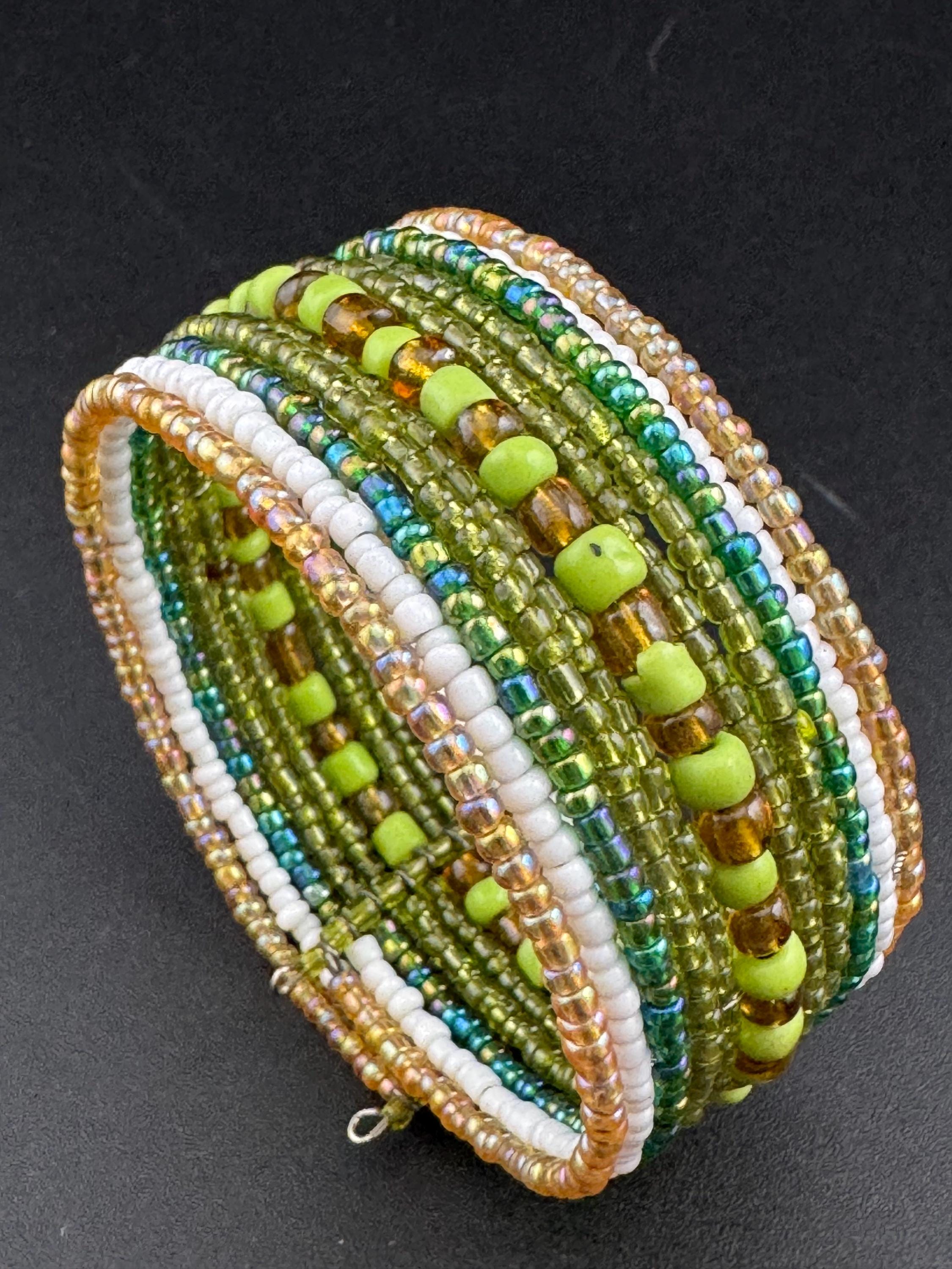 Retro GREEN and GOLD wide glass beaded wide wrap round adjustable bangle bracelets, boho festival vibes