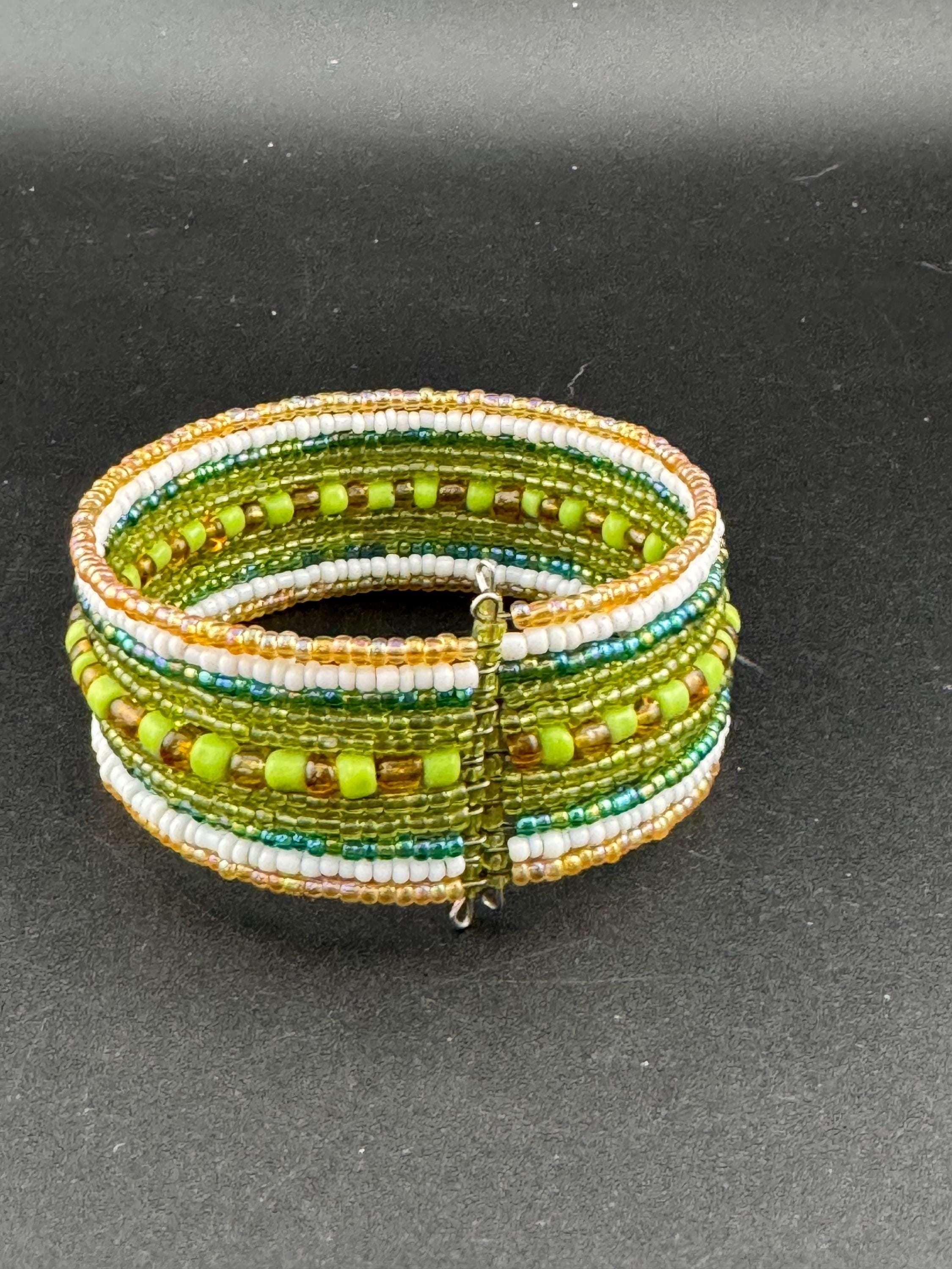 Retro GREEN and GOLD wide glass beaded wide wrap round adjustable bangle bracelets, boho festival vibes