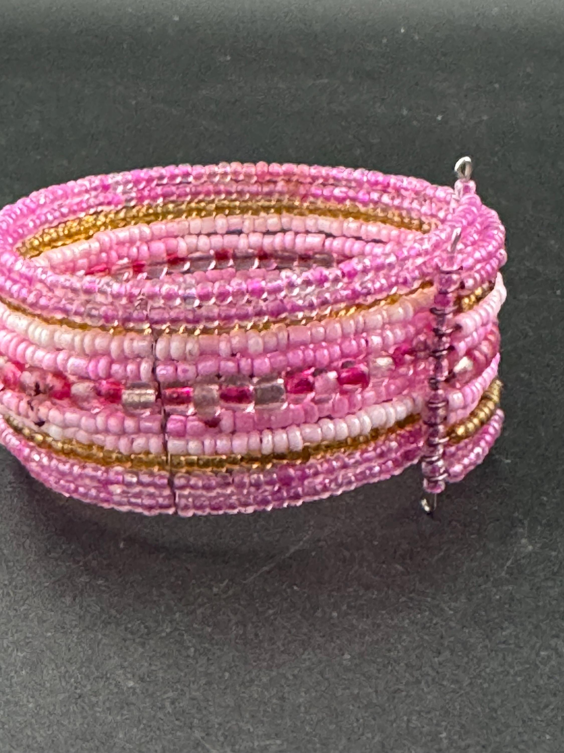 Retro PINK wide glass beaded wide wrap round adjustable bangle bracelets, boho festival vibes