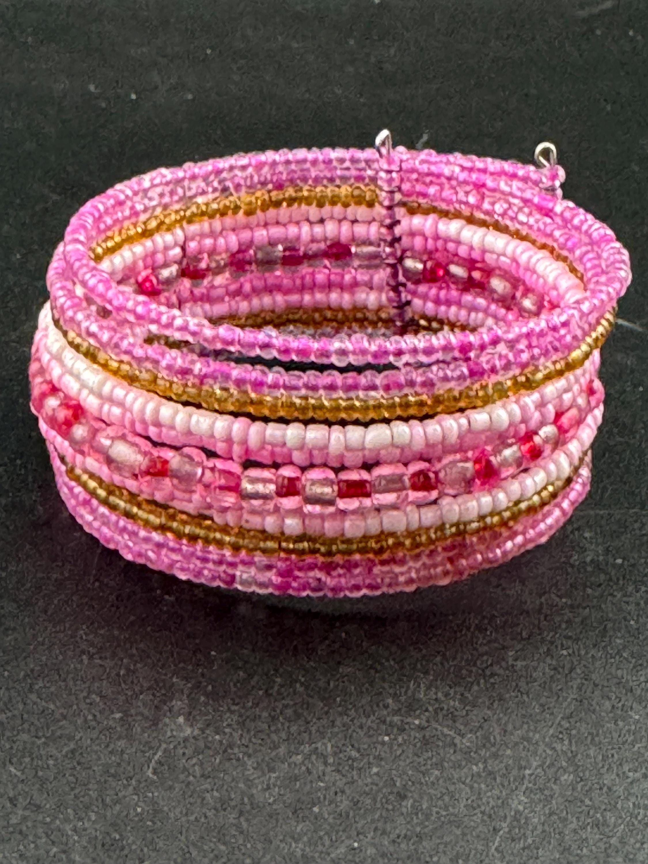 Retro PINK wide glass beaded wide wrap round adjustable bangle bracelets, boho festival vibes
