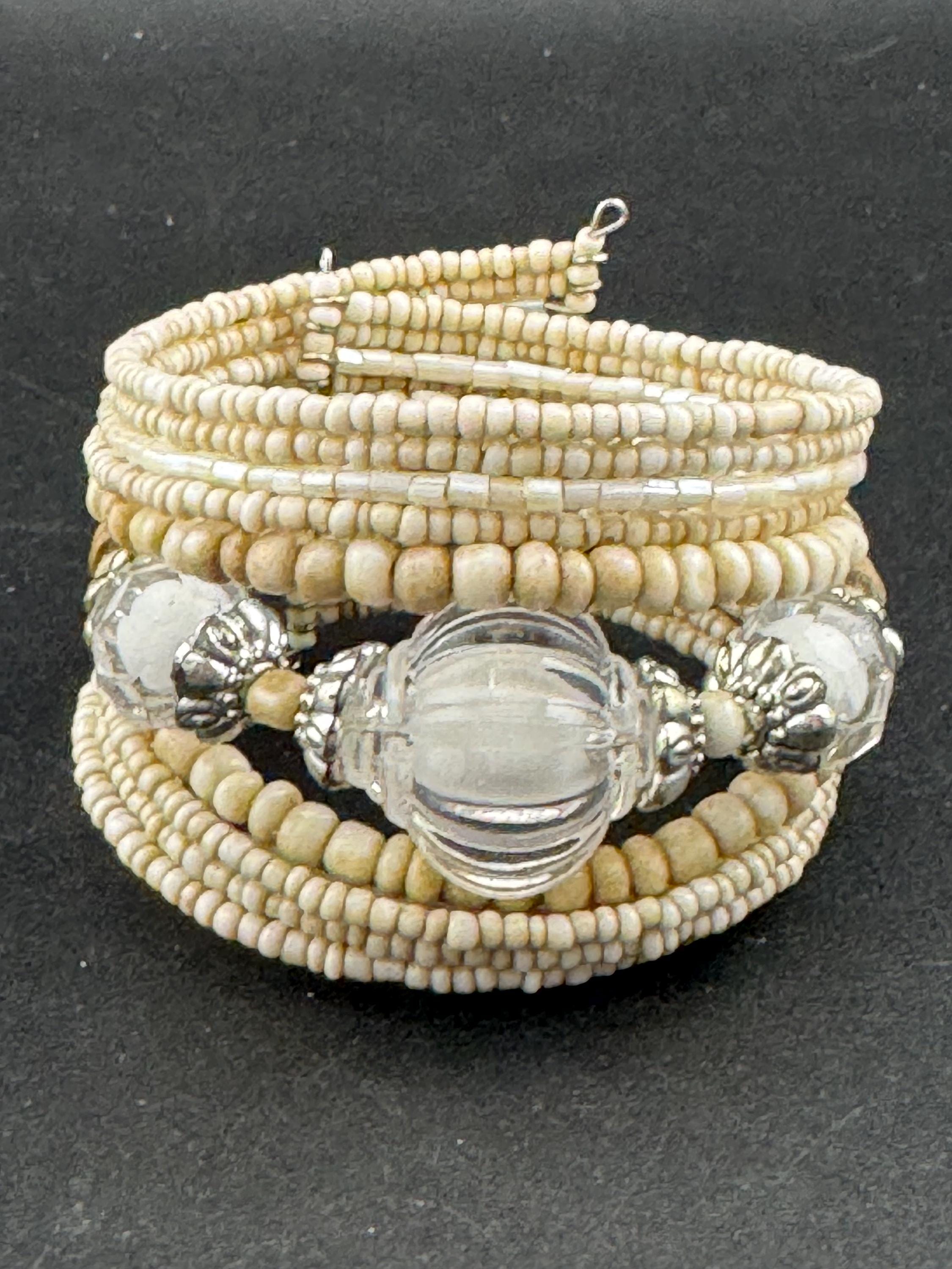 Retro Cream Beaded Bangle Bracelet: Wide Wrap Boho Style