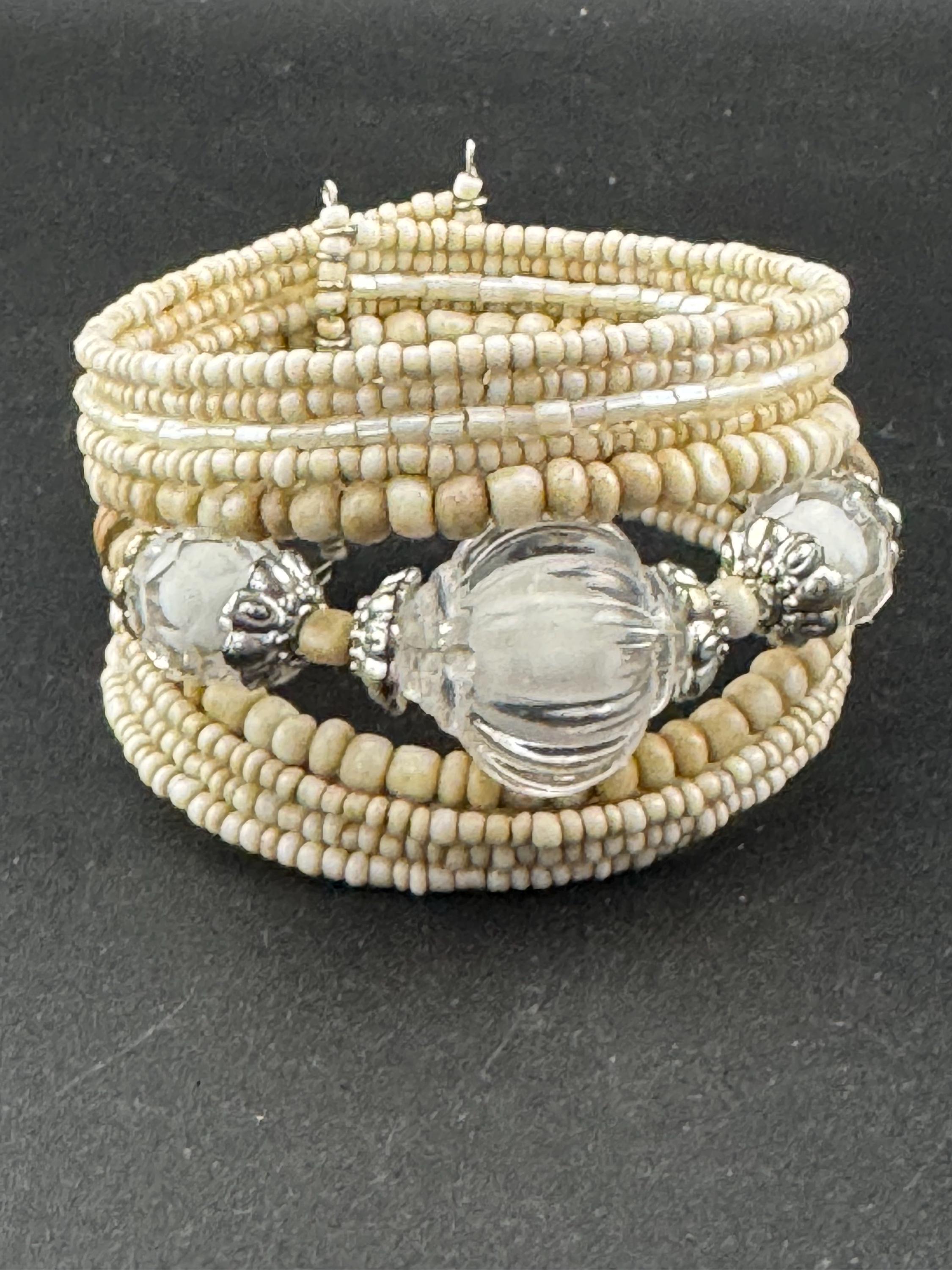 Retro Cream Beaded Bangle Bracelet: Wide Wrap Boho Style