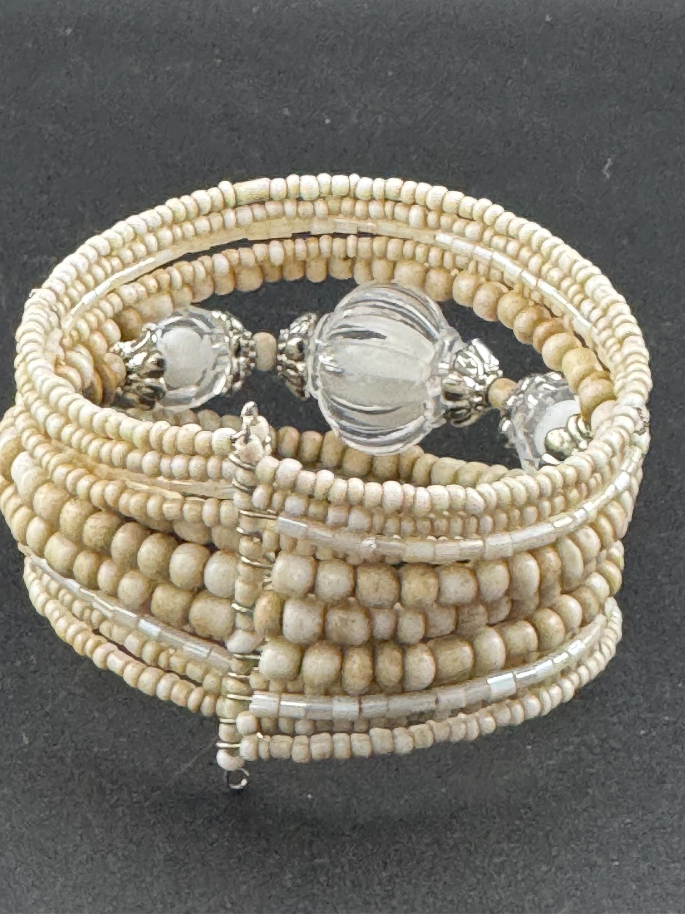 Retro Cream Beaded Bangle Bracelet: Wide Wrap Boho Style