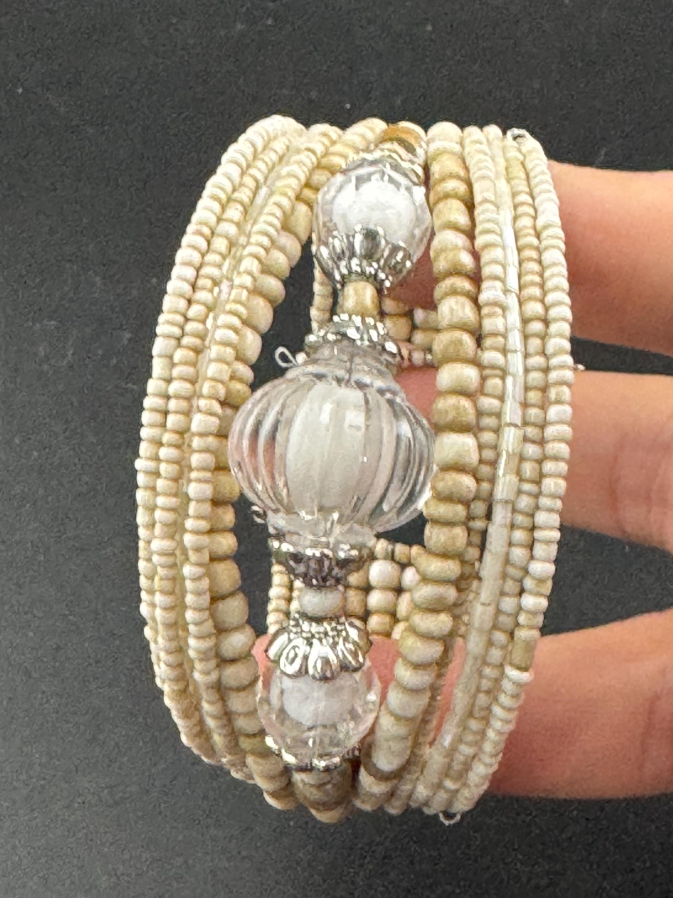 Retro Cream Beaded Bangle Bracelet: Wide Wrap Boho Style