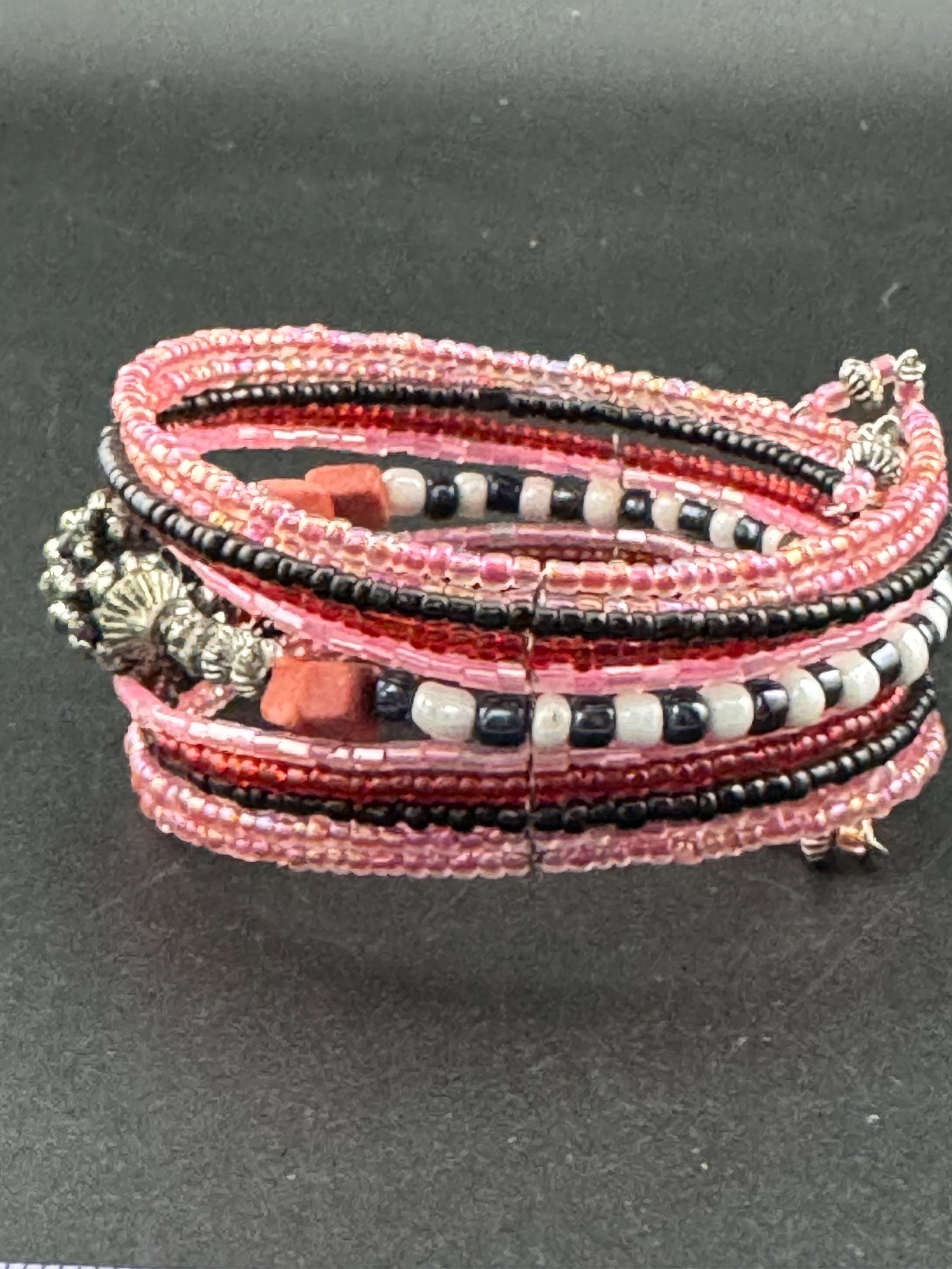 Retro Pink silver beaded wide glass bead wide wrap round adjustable bangle bracelets, boho festival vibes