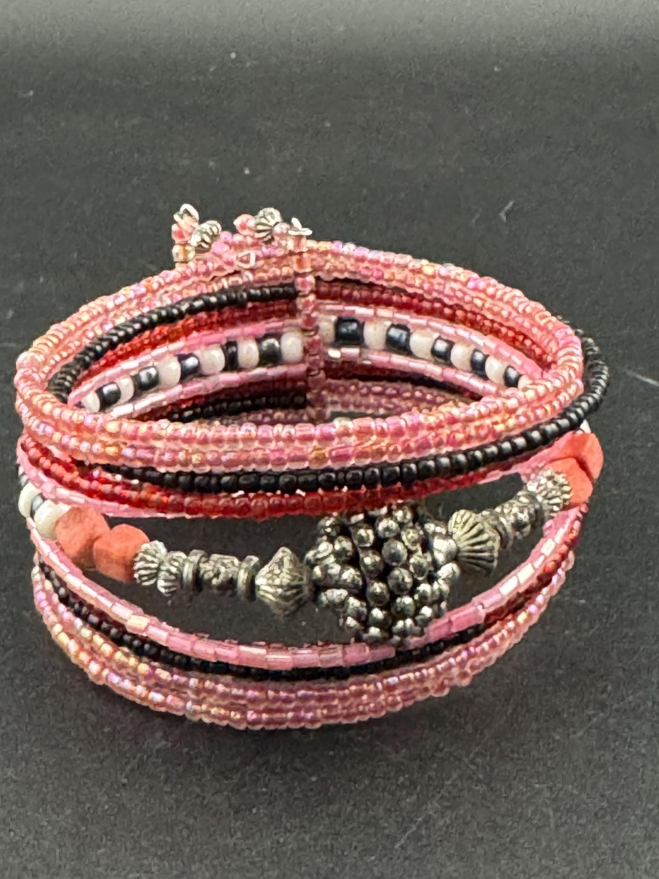 Retro Pink silver beaded wide glass bead wide wrap round adjustable bangle bracelets, boho festival vibes