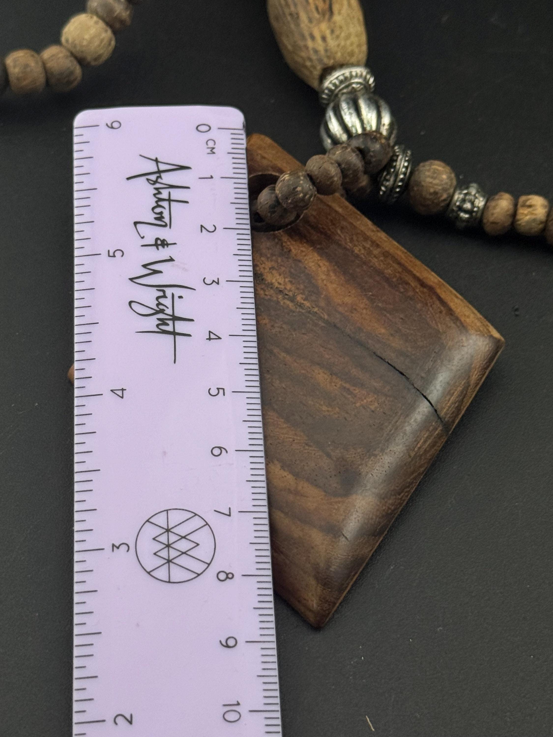 long vintage dark brown natural wooden beaded pendant necklace boho festival jewellery
