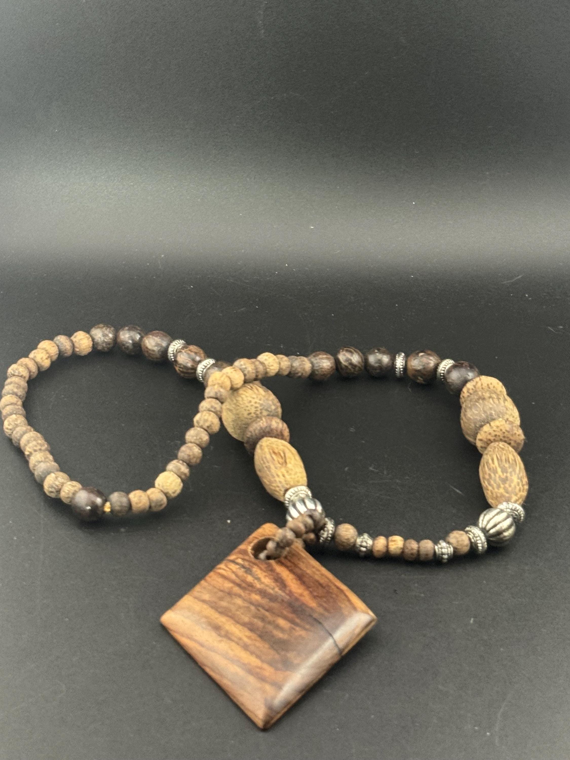 long vintage dark brown natural wooden beaded pendant necklace boho festival jewellery
