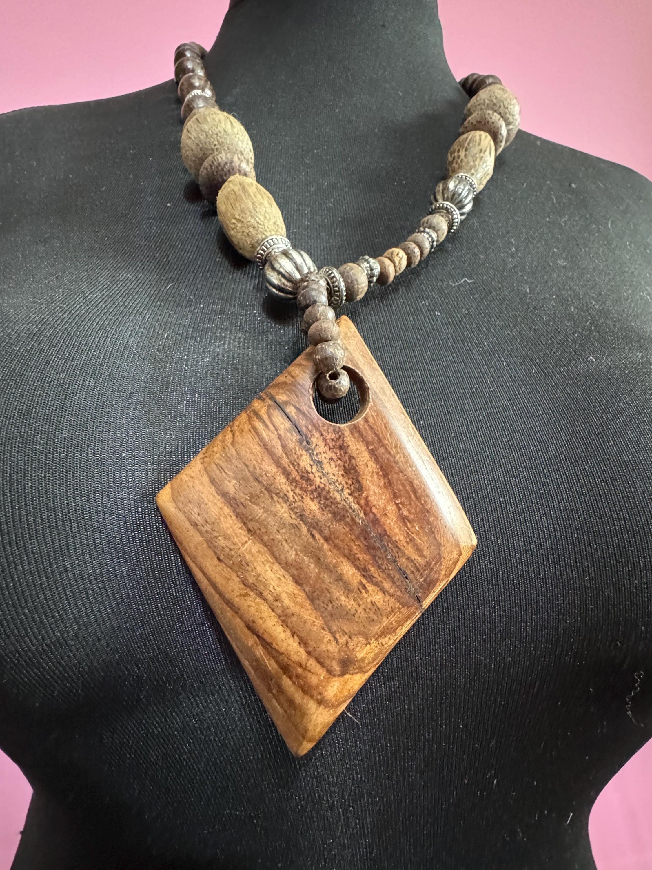 long vintage dark brown natural wooden beaded pendant necklace boho festival jewellery