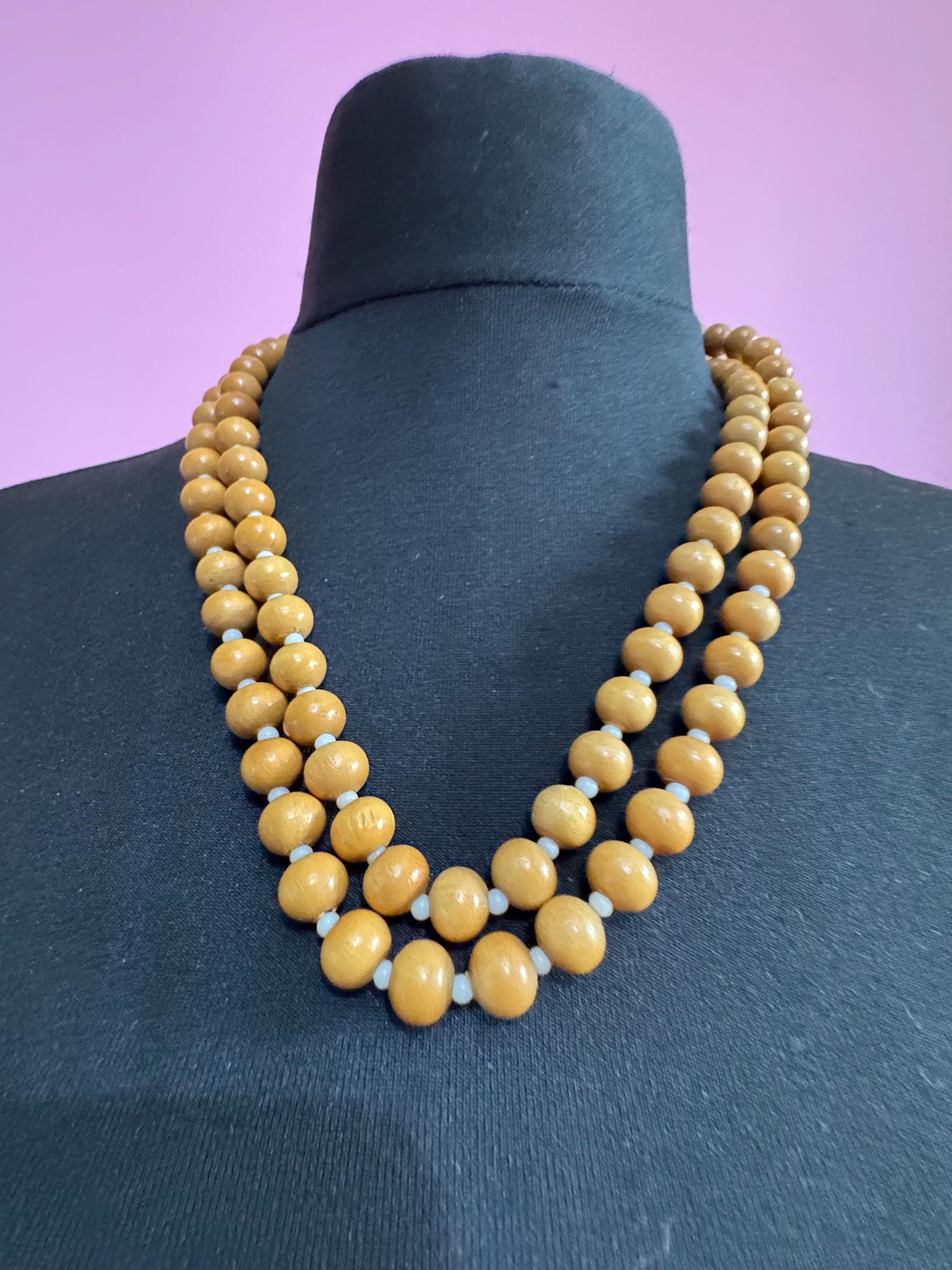 long vintage light brown wooden natural round beaded layering necklace boho festival jewellery