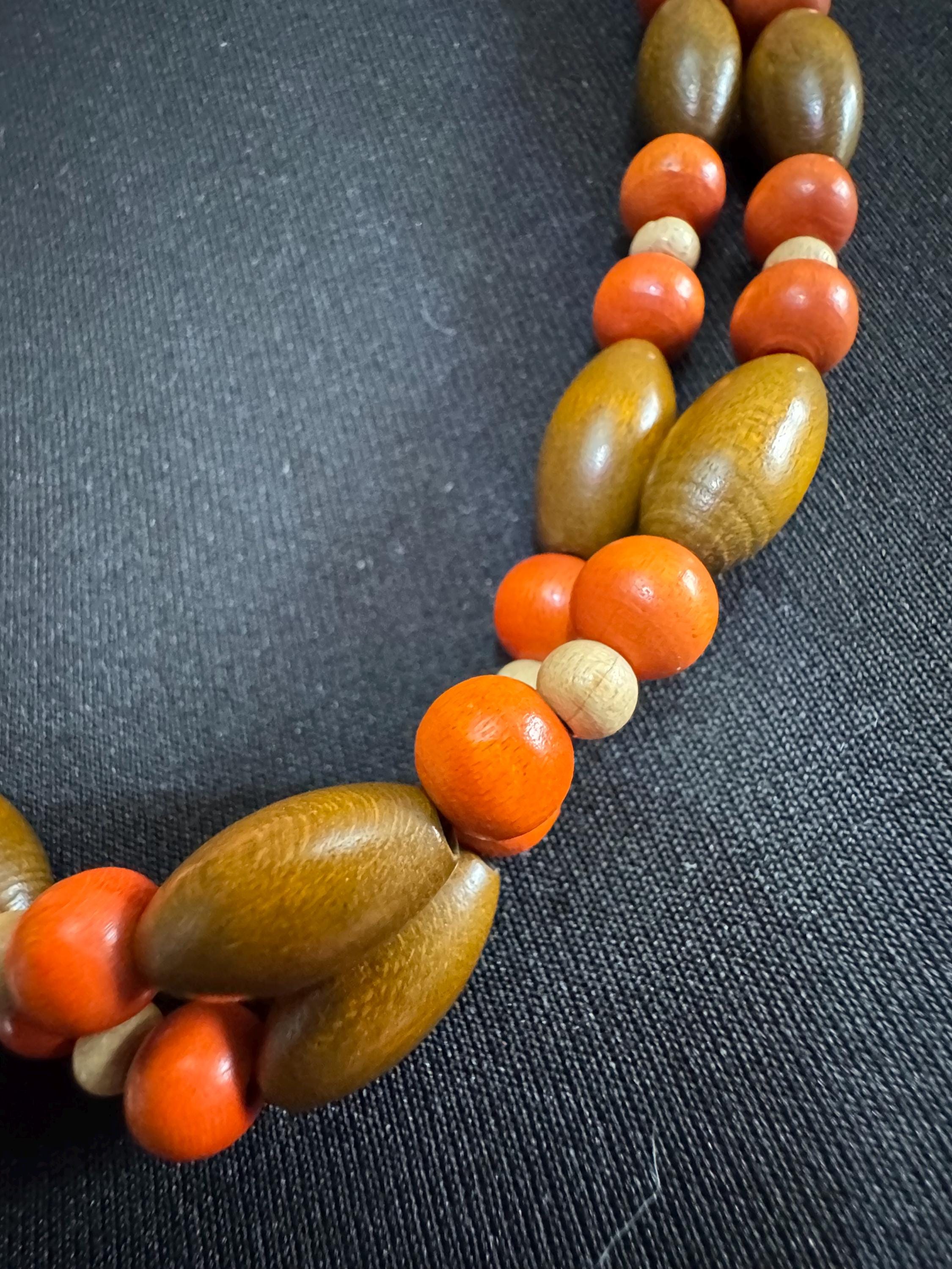 long vintage light brown and orange wooden natural round beaded layering necklace boho festival jewellery