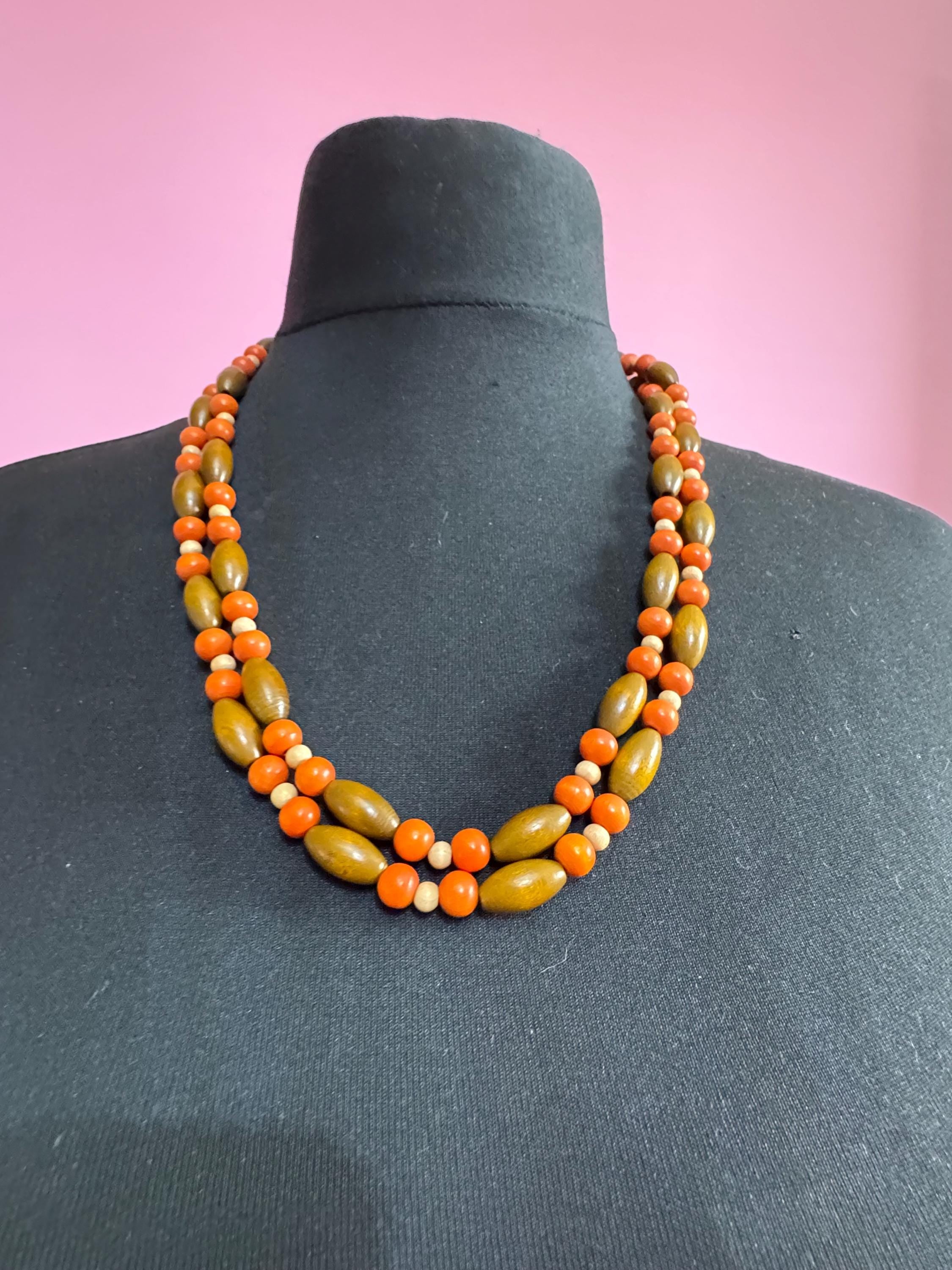 long vintage light brown and orange wooden natural round beaded layering necklace boho festival jewellery