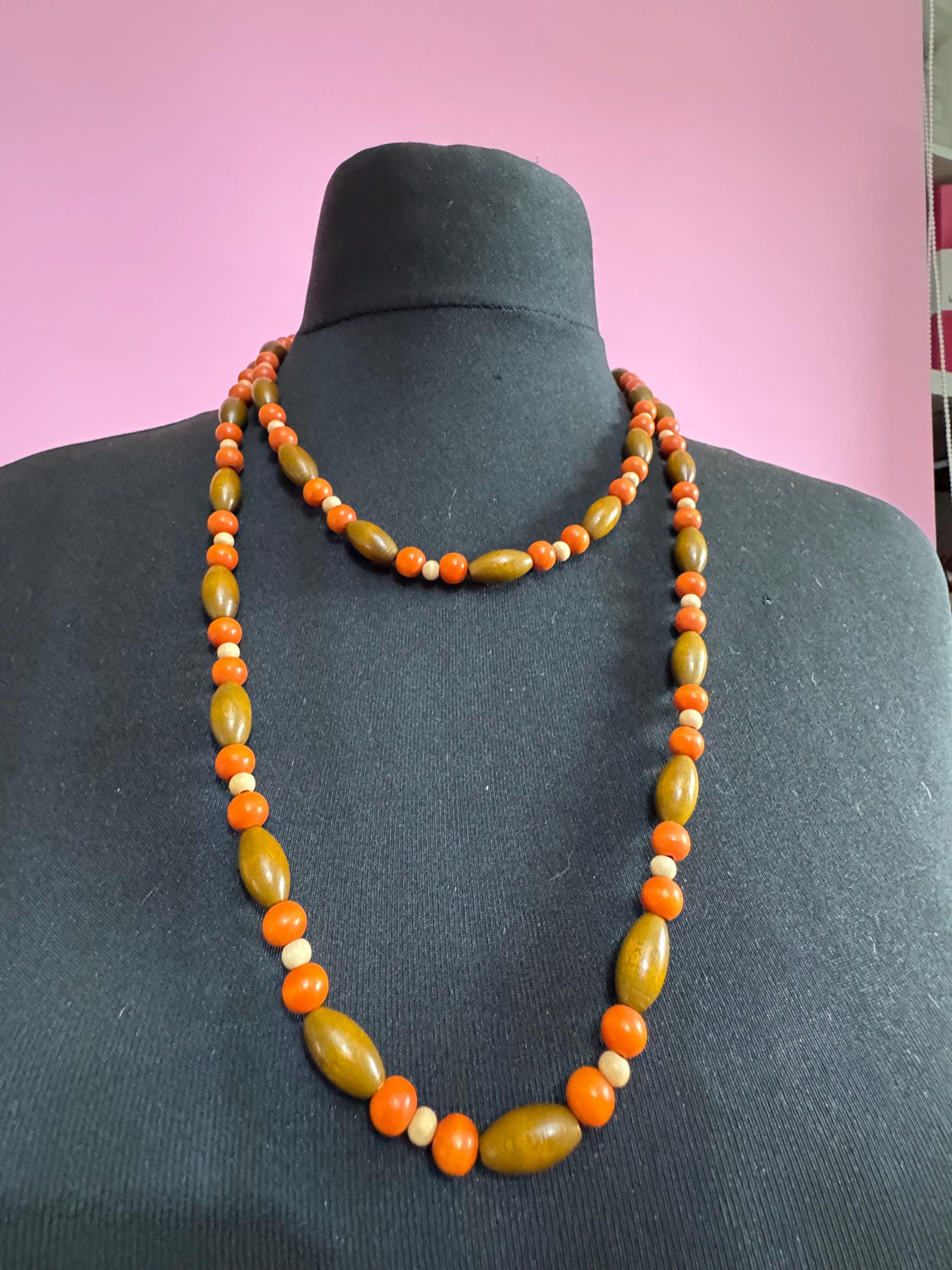 long vintage light brown and orange wooden natural round beaded layering necklace boho festival jewellery