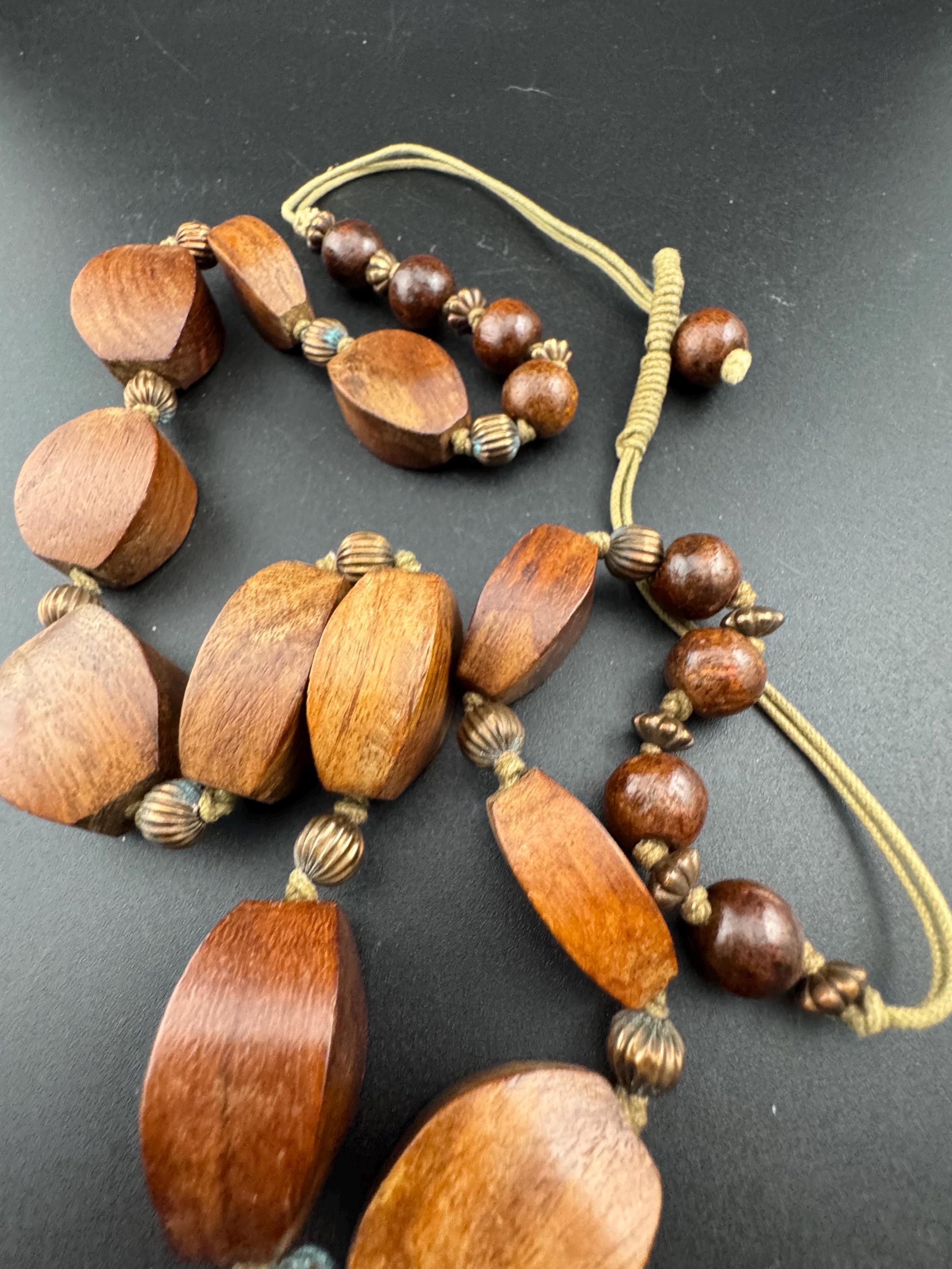 long vintage dark brown natural wooden beaded necklace boho festival jewellery
