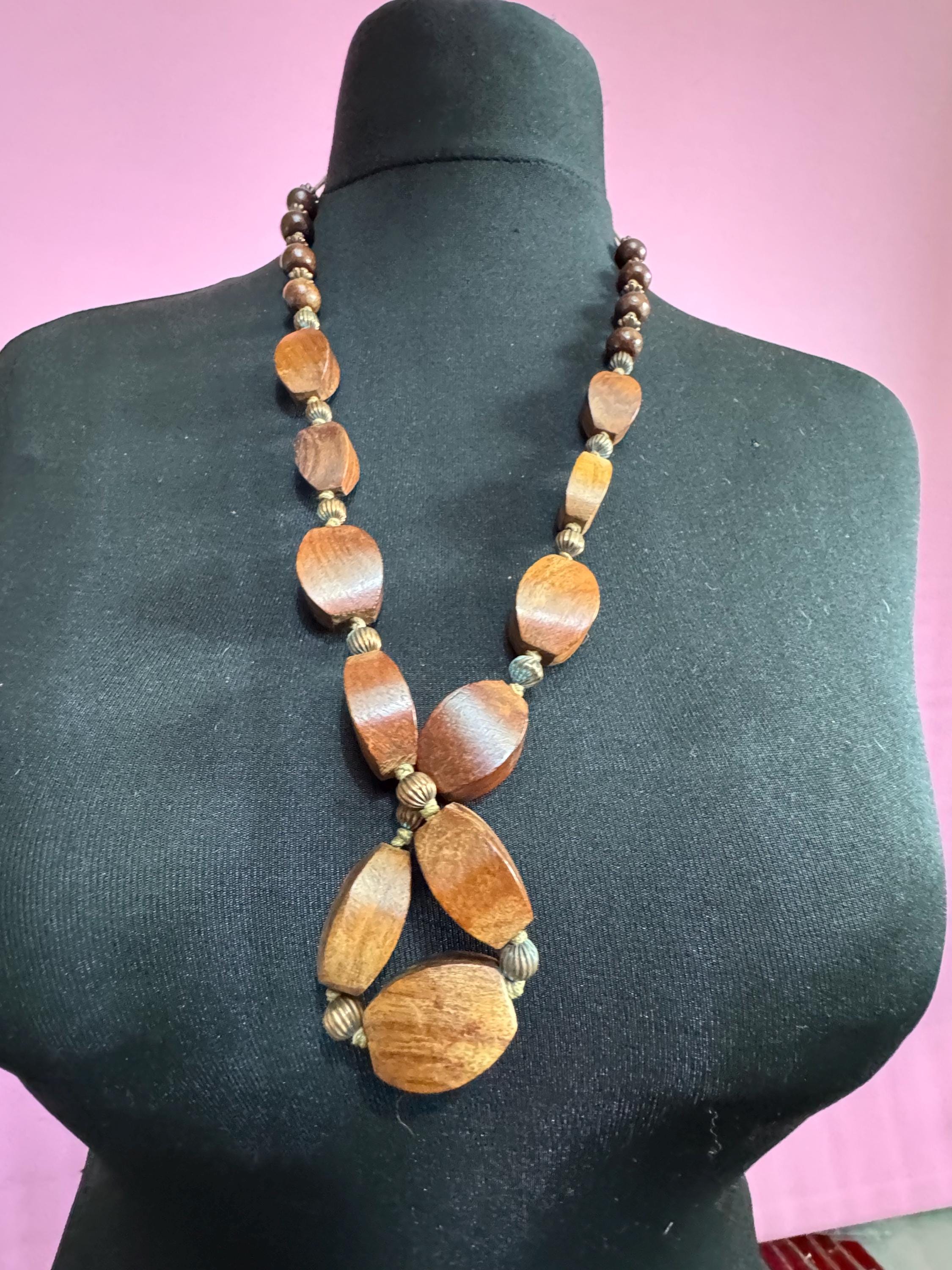 long vintage dark brown natural wooden beaded necklace boho festival jewellery