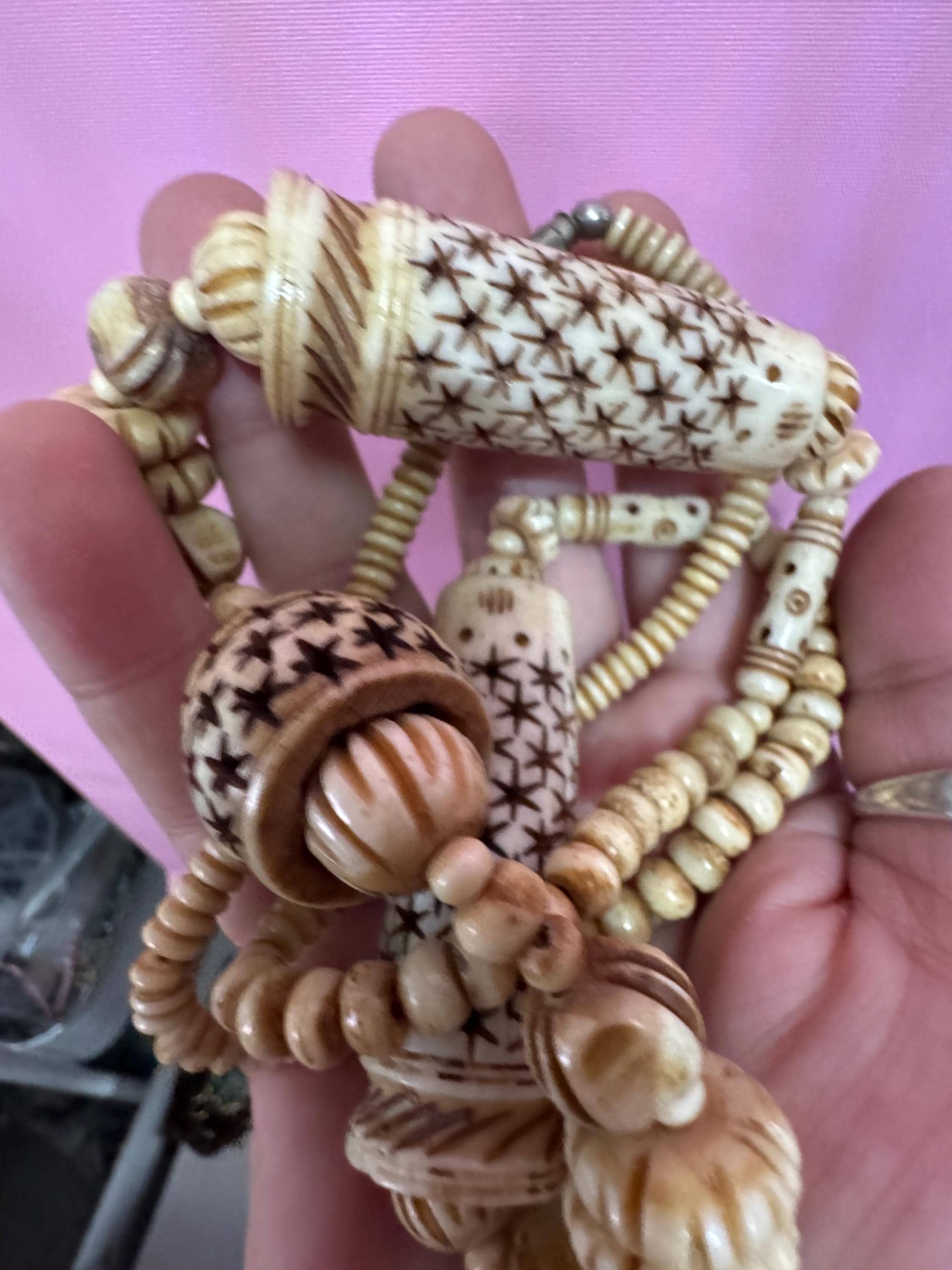 Vintage wide chunky carved stars, beaded pendant necklace, tribal African cream faux bone or ivorine