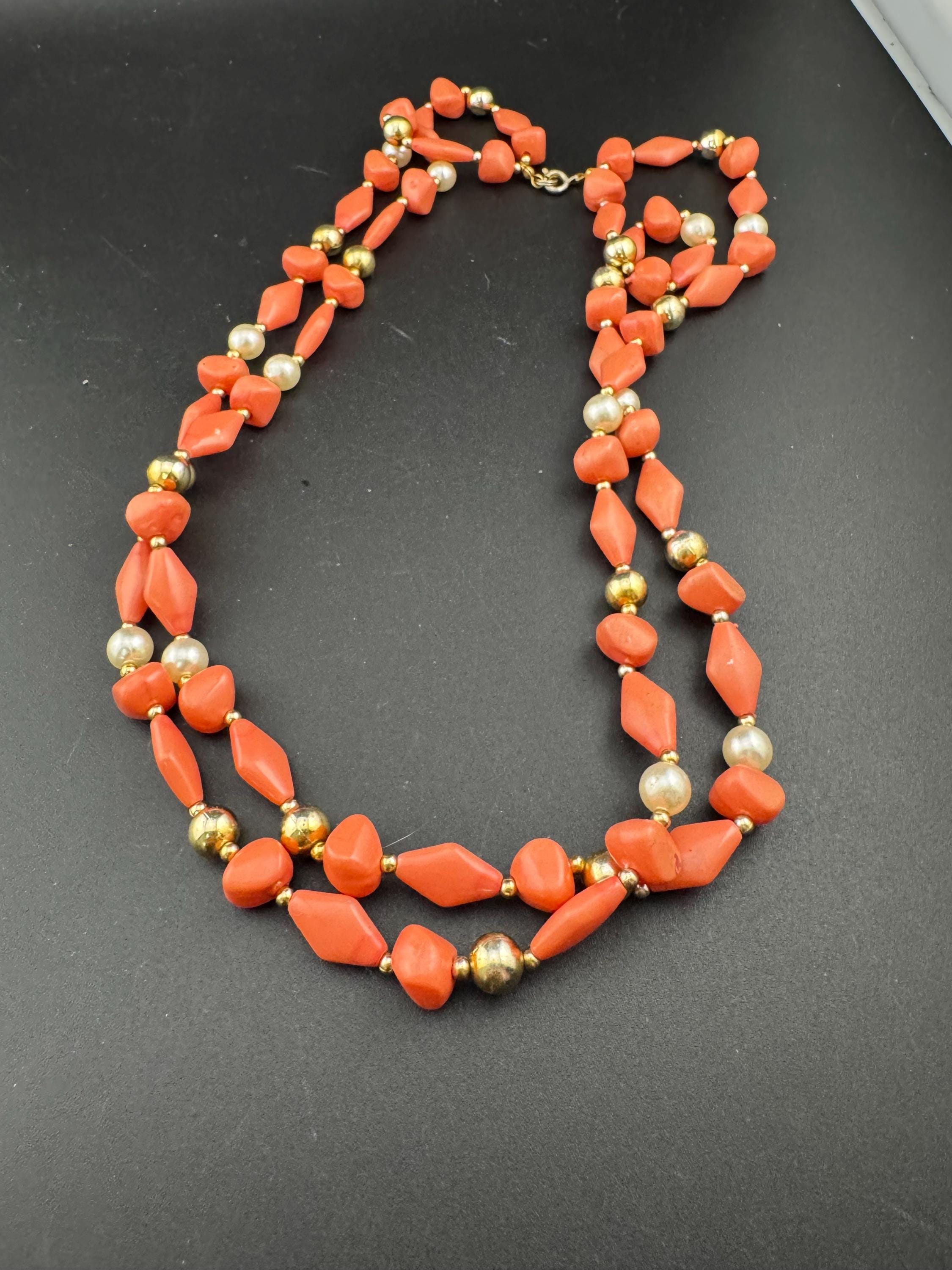 Vintage Coral Faux Pearl Necklace: Gold Glass Beaded 2-Row Strand