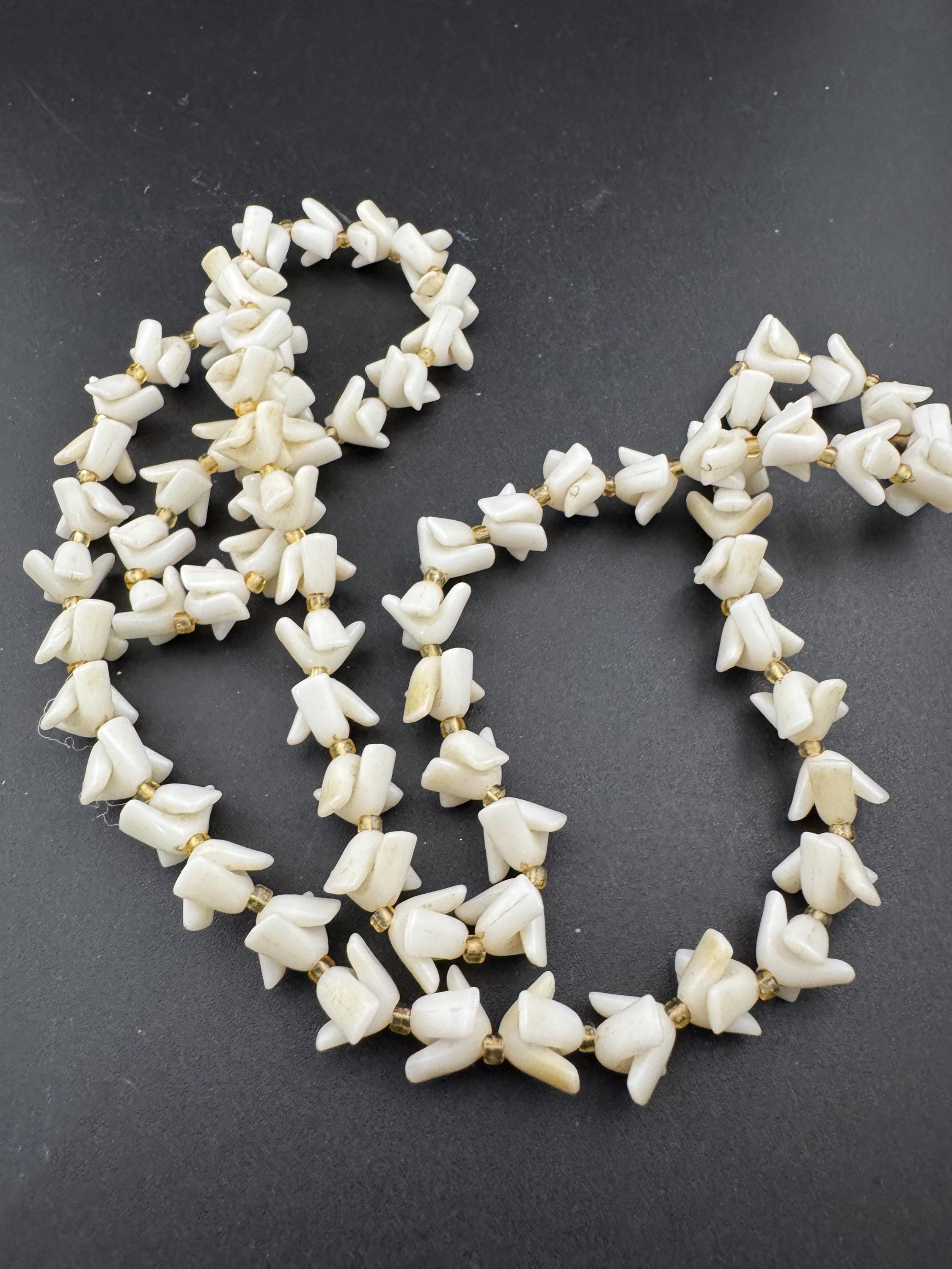 Vintage 1960s white beaded station seed bead necklace gold tone beads faux milk glass