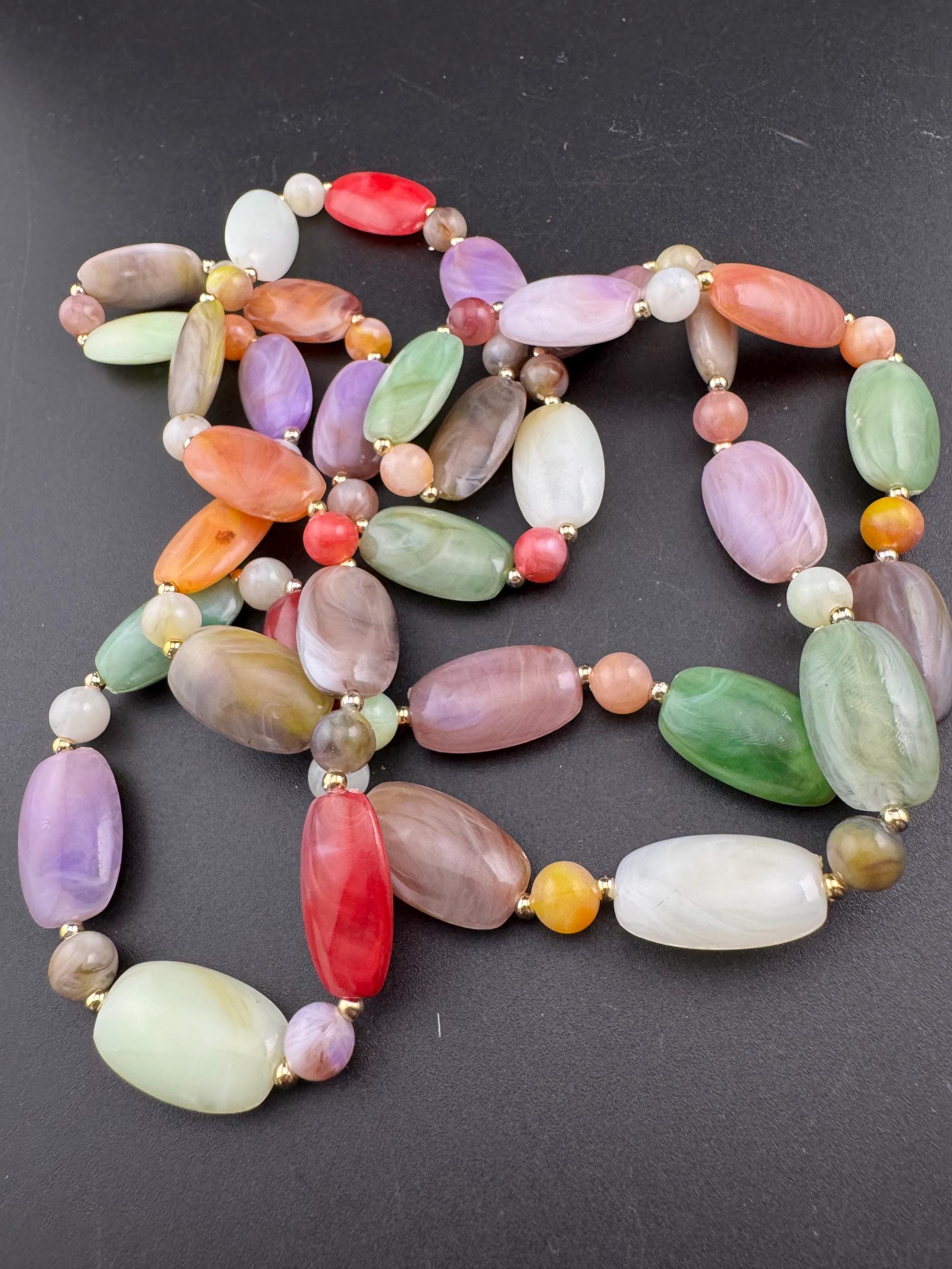 Vintage green purple white and orange plastic pebble beaded necklace 120cm long