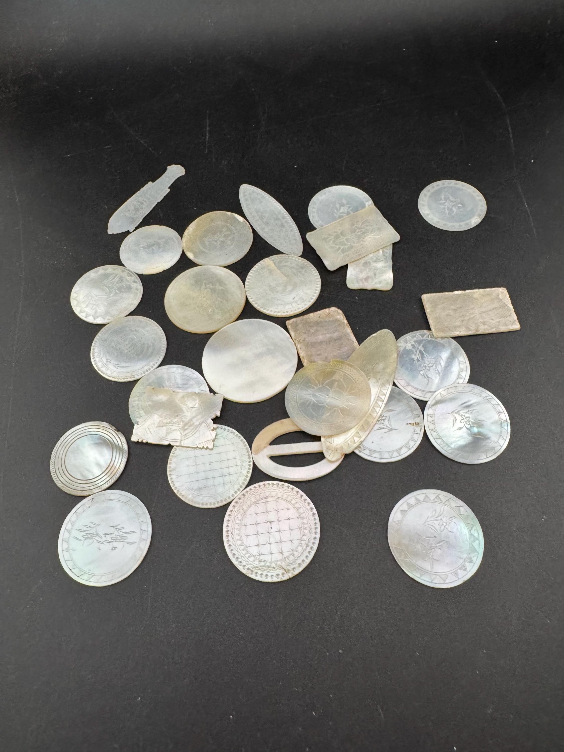 Job lot of 28 antique mother of pearl Chinese mixed gaming counters circa 17-1800s ideal for jewellery upcycle project restoration projects