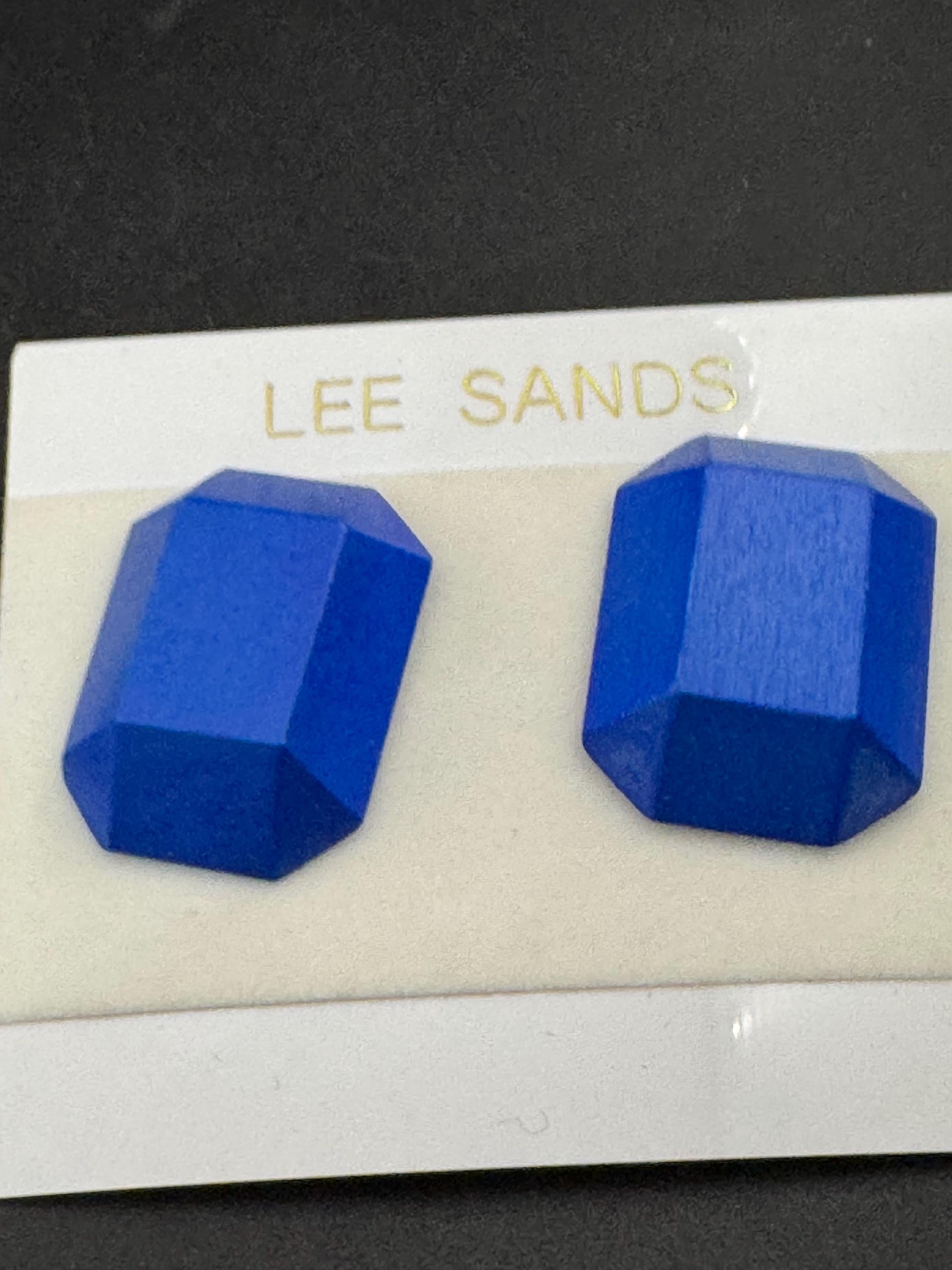 LEE SANDS bright blue pair of wooden emerald cut octagon stud earrings for pierced ears, Hawaiian designer