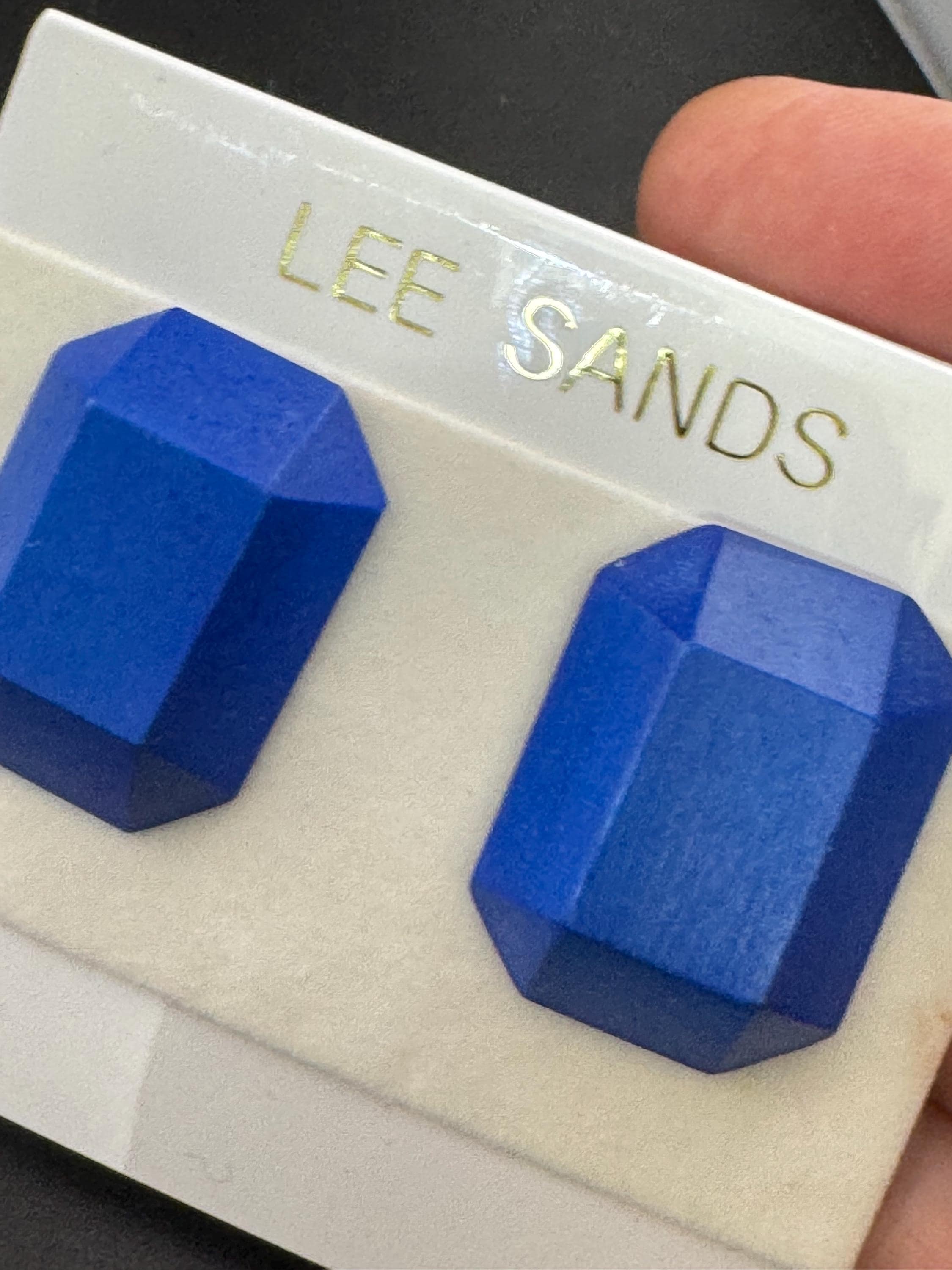 LEE SANDS bright blue pair of wooden emerald cut octagon stud earrings for pierced ears, Hawaiian designer