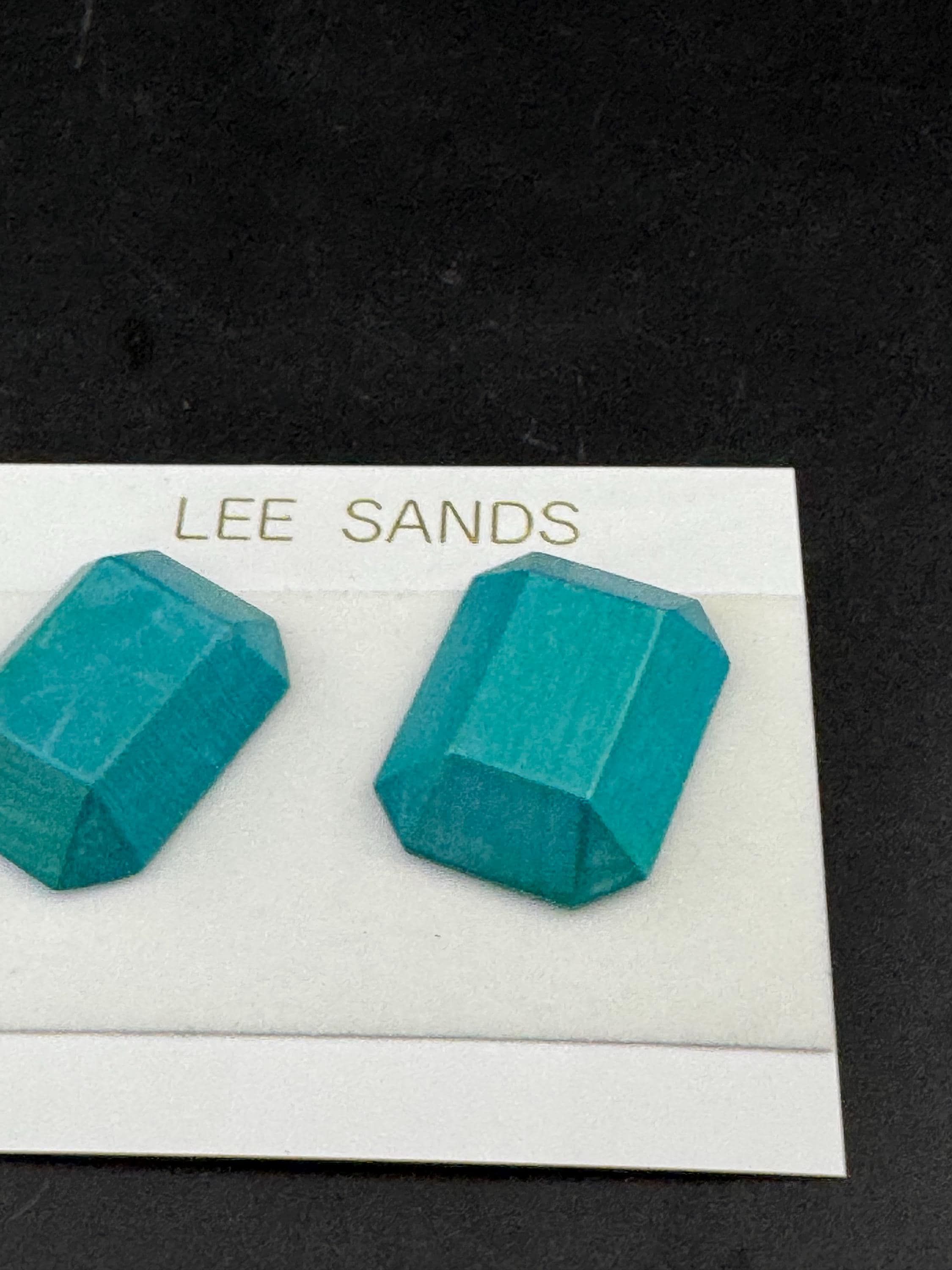 LEE SANDS turquoise blue pair of wooden emerald cut octagon stud earrings for pierced ears, Hawaiian designer