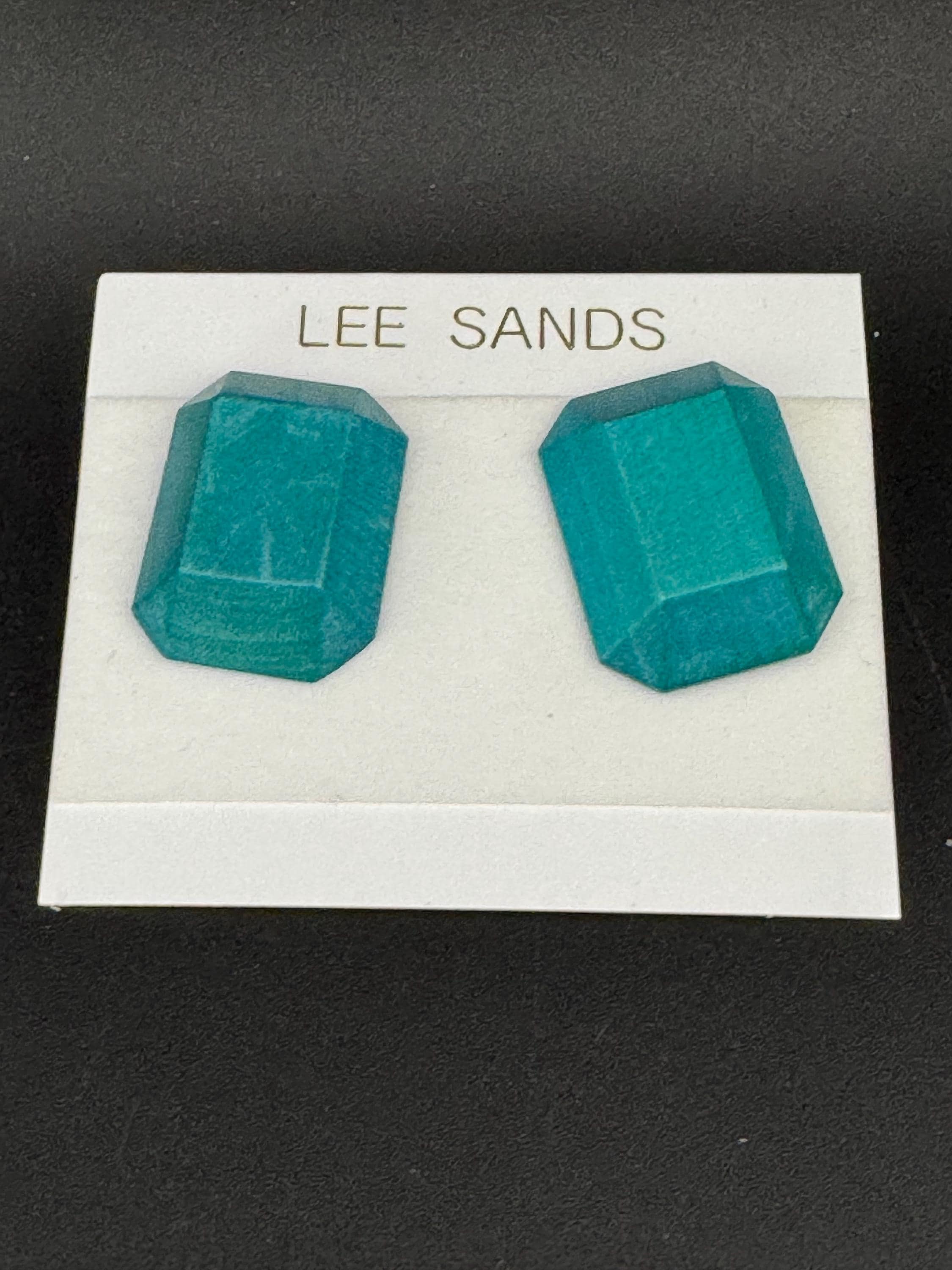 LEE SANDS turquoise blue pair of wooden emerald cut octagon stud earrings for pierced ears, Hawaiian designer