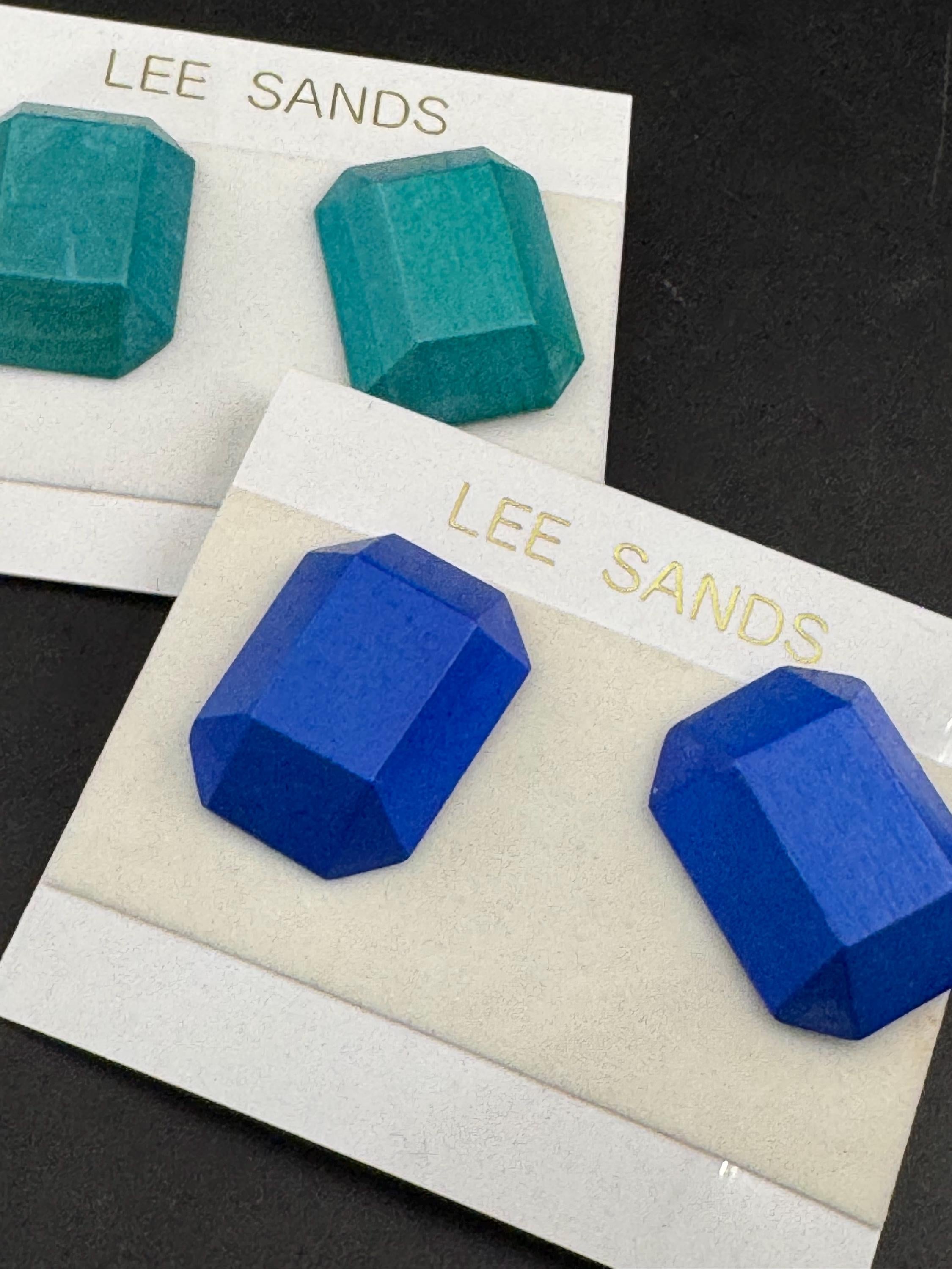 LEE SANDS turquoise blue pair of wooden emerald cut octagon stud earrings for pierced ears, Hawaiian designer