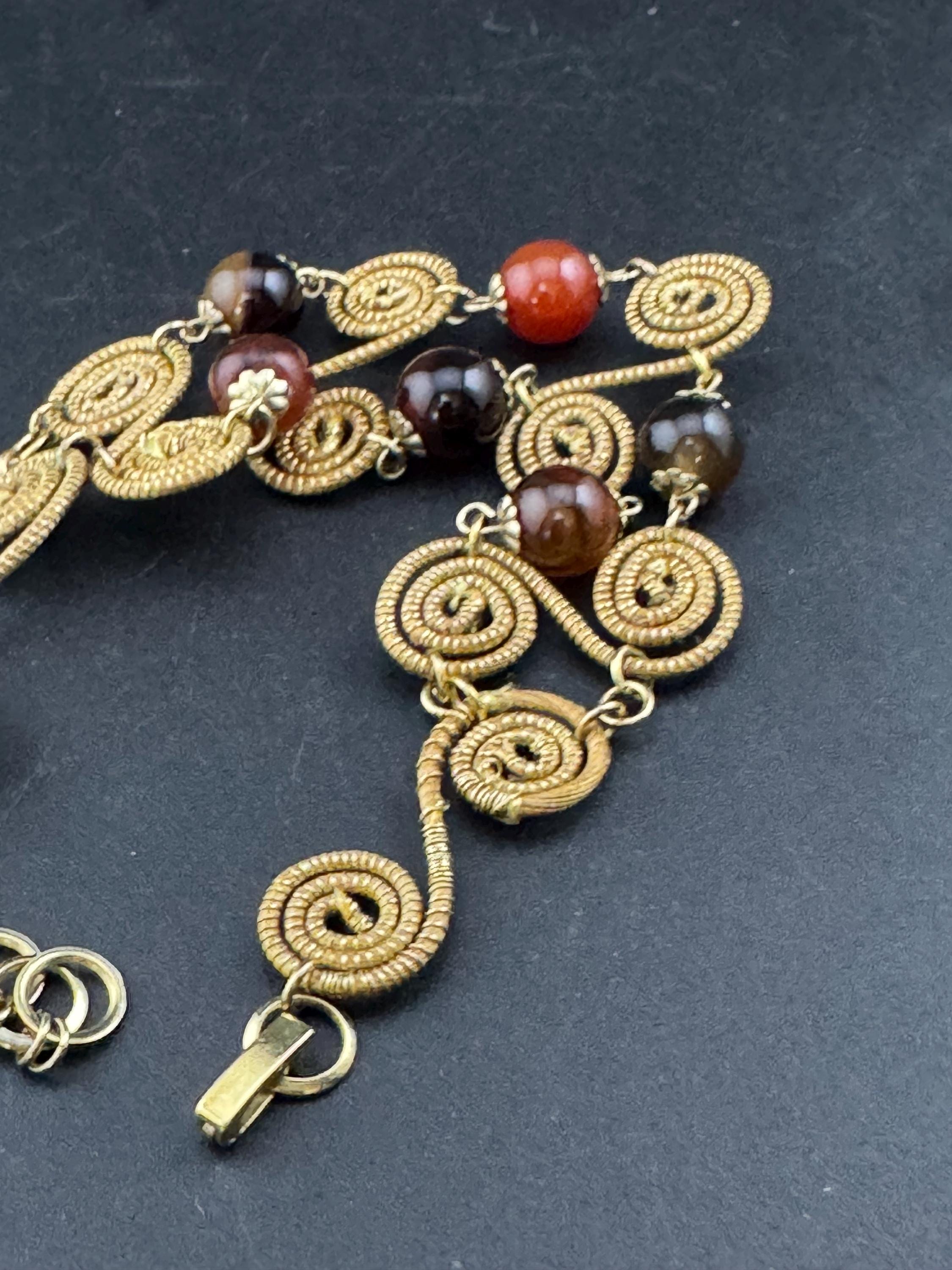 Vintage Capim Cia Dourado Gold Tone gemstone agate beaded panel link Etruscan style bracelet