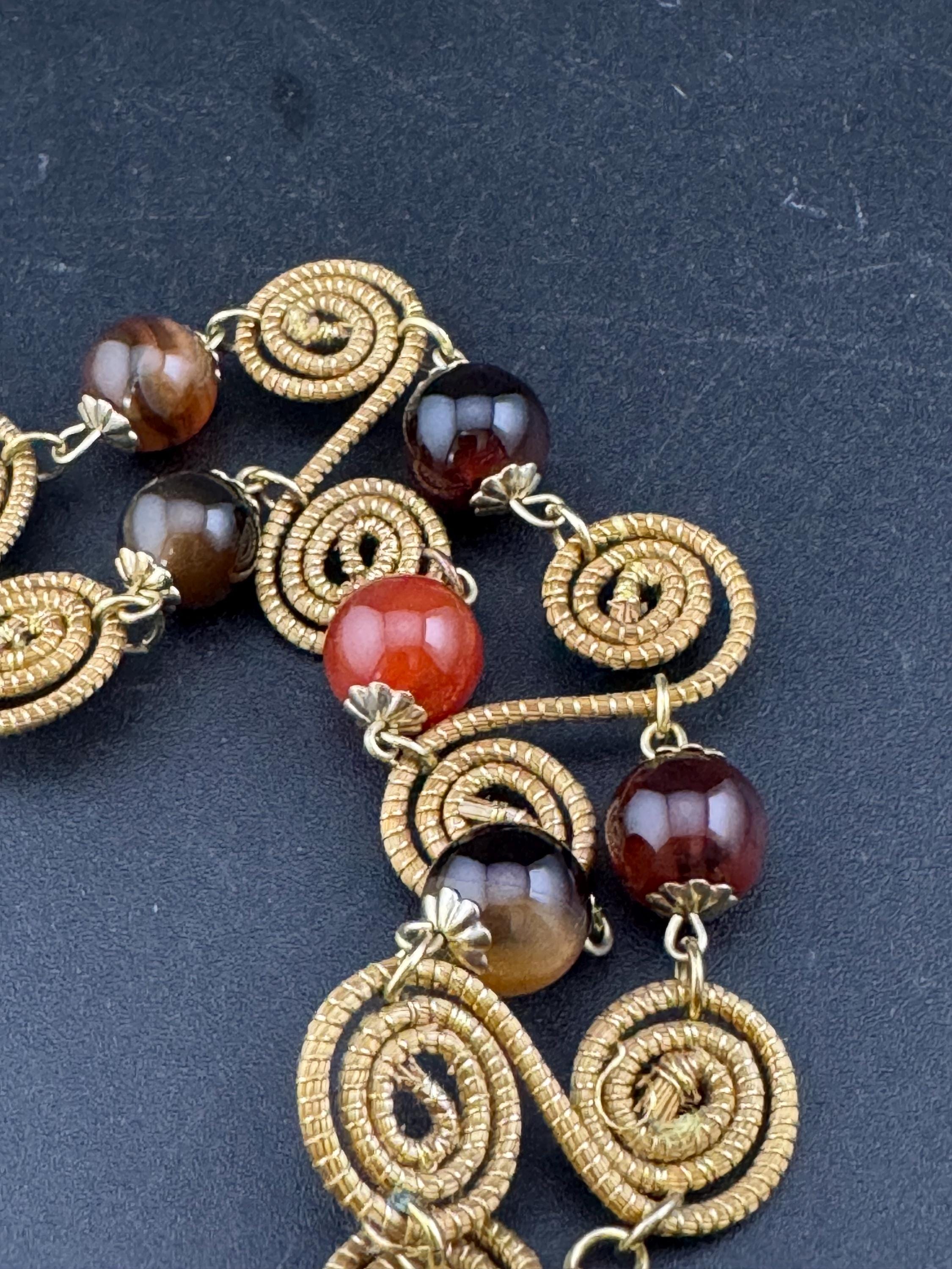 Vintage Capim Cia Dourado Gold Tone gemstone agate beaded panel link Etruscan style bracelet