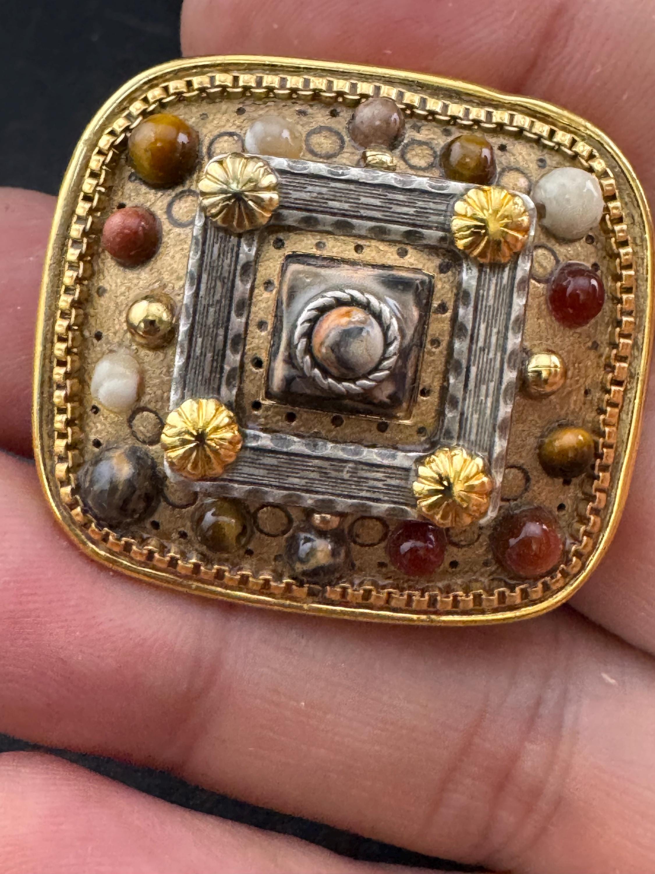 Signed Michal Golan Brooch Pendant: Gold Plated Etruscan Gemstone Cabochons