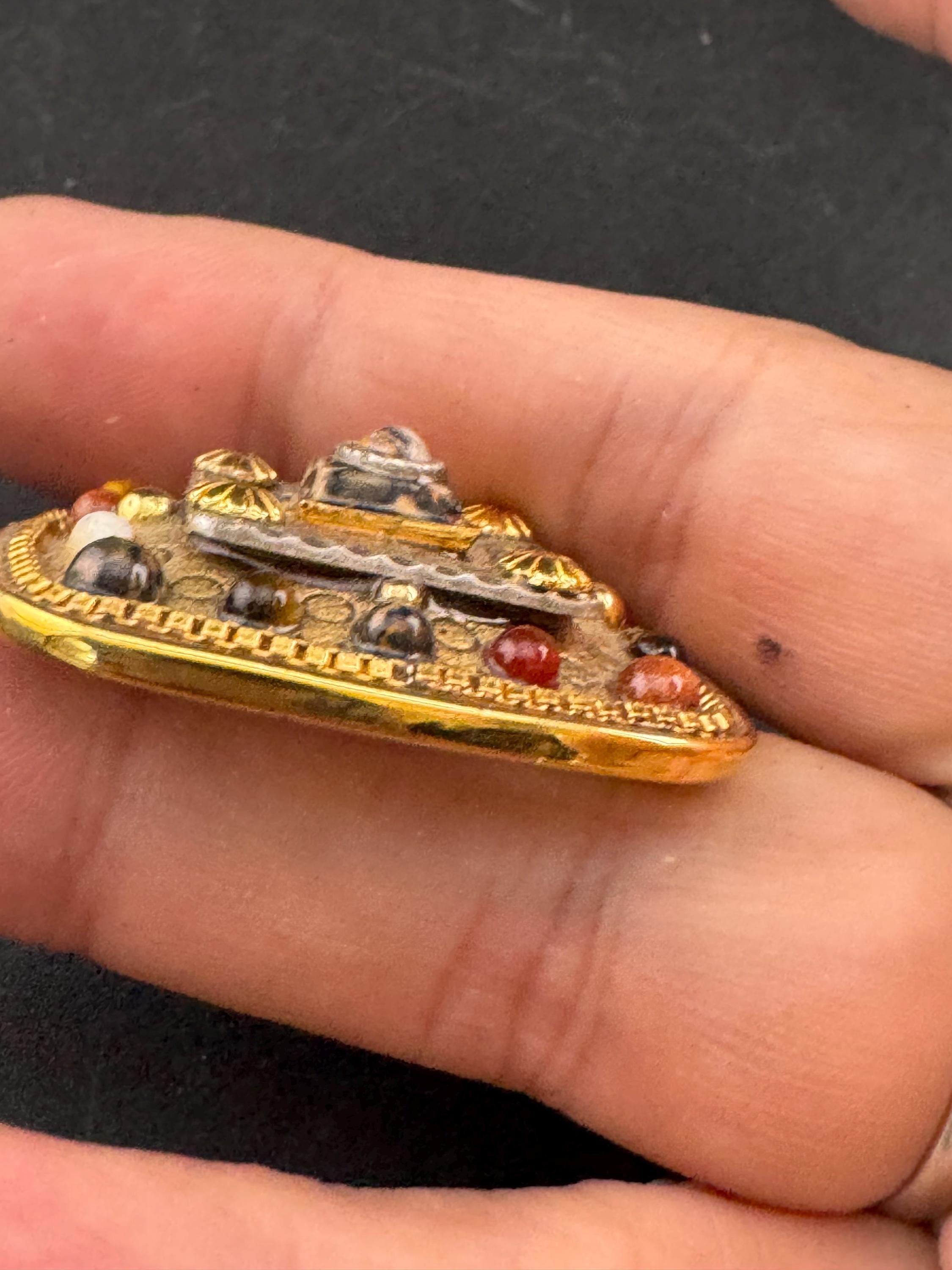 Signed Michal Golan Brooch Pendant: Gold Plated Etruscan Gemstone Cabochons