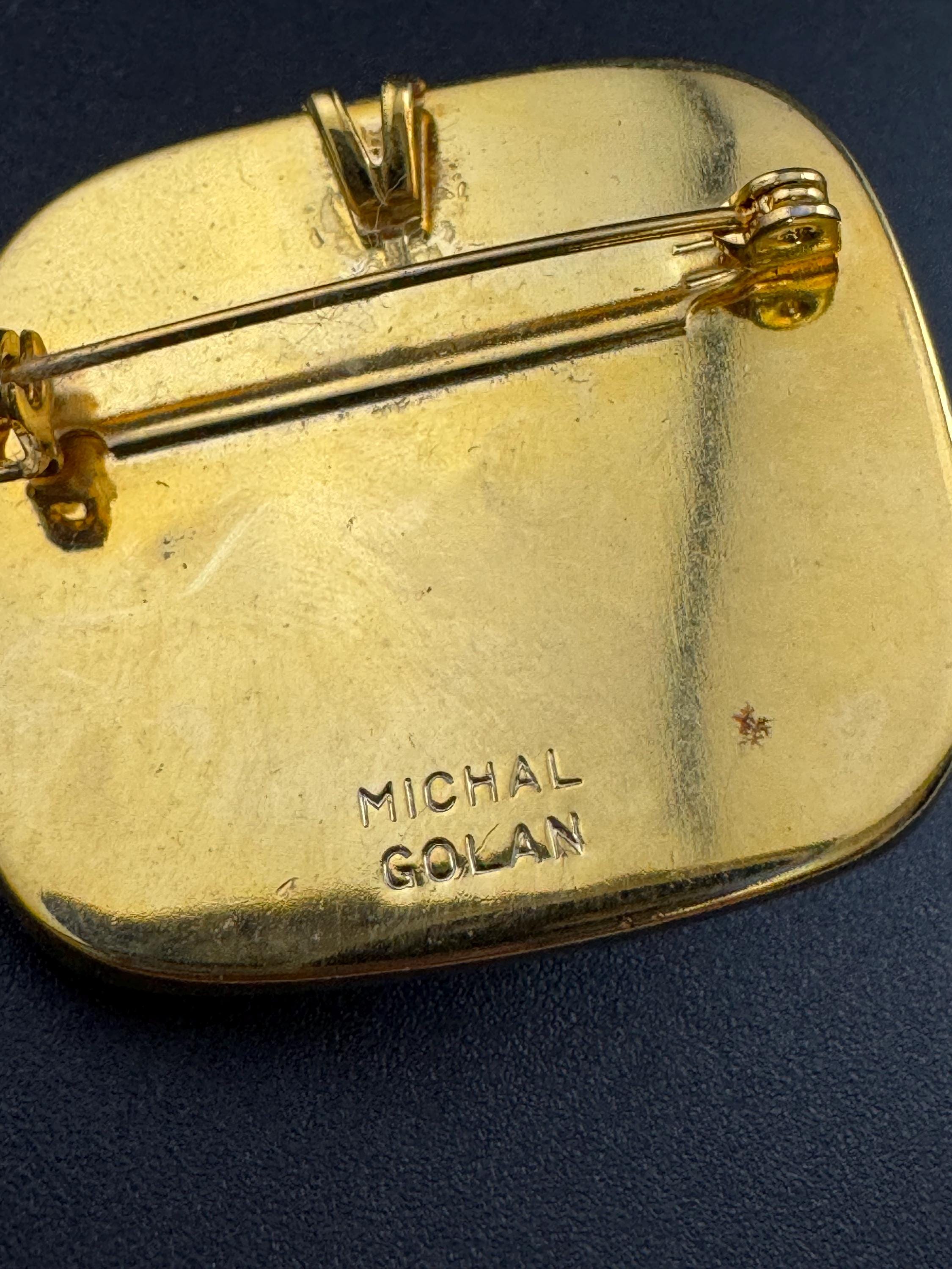 Signed Michal Golan Brooch Pendant: Gold Plated Etruscan Gemstone Cabochons