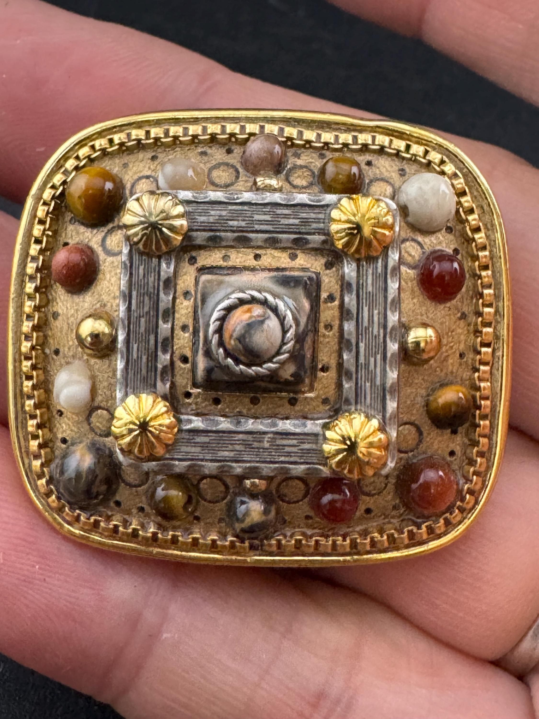 Signed Michal Golan Brooch Pendant: Gold Plated Etruscan Gemstone Cabochons