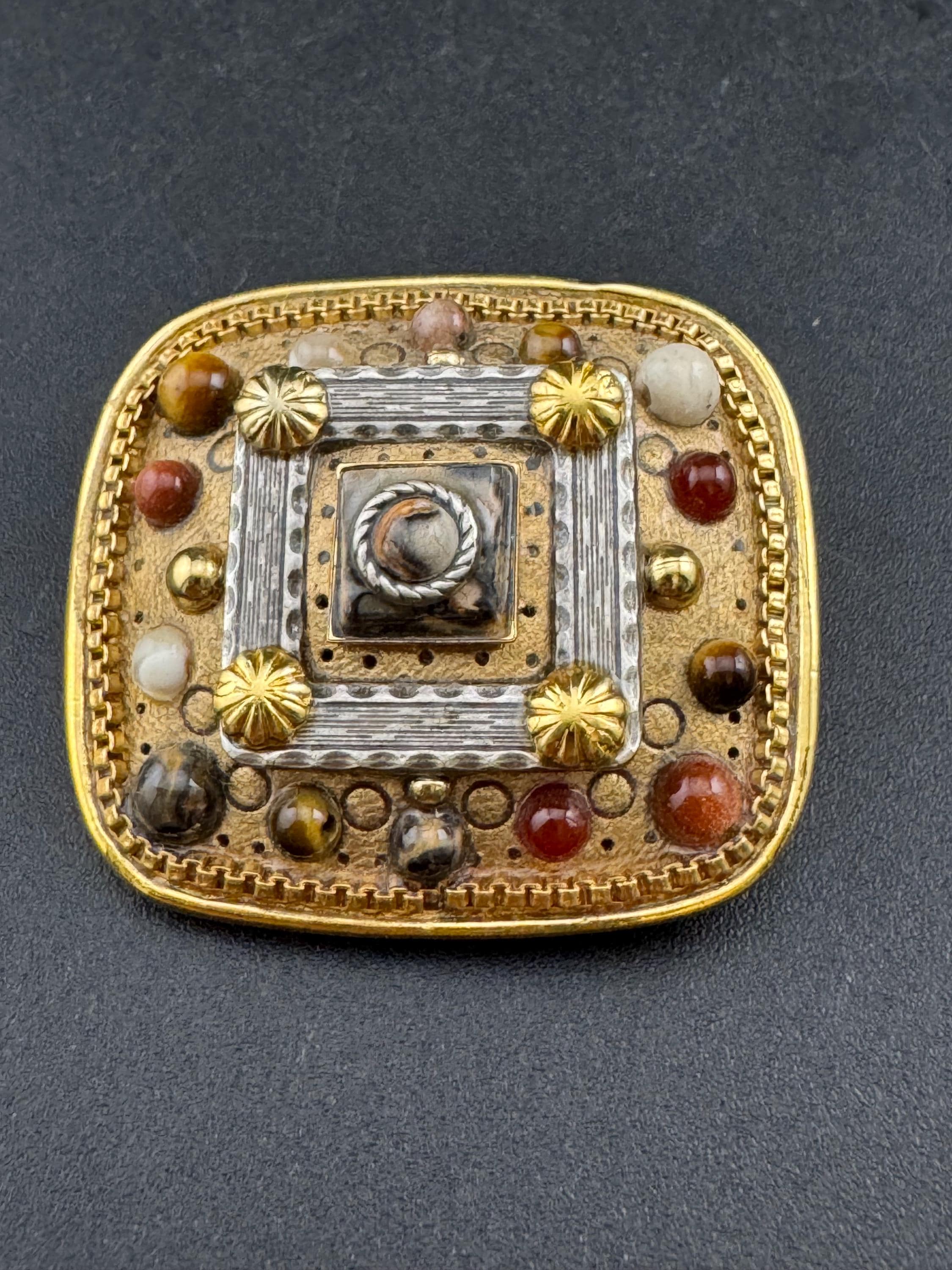 Signed Michal Golan Brooch Pendant: Gold Plated Etruscan Gemstone Cabochons