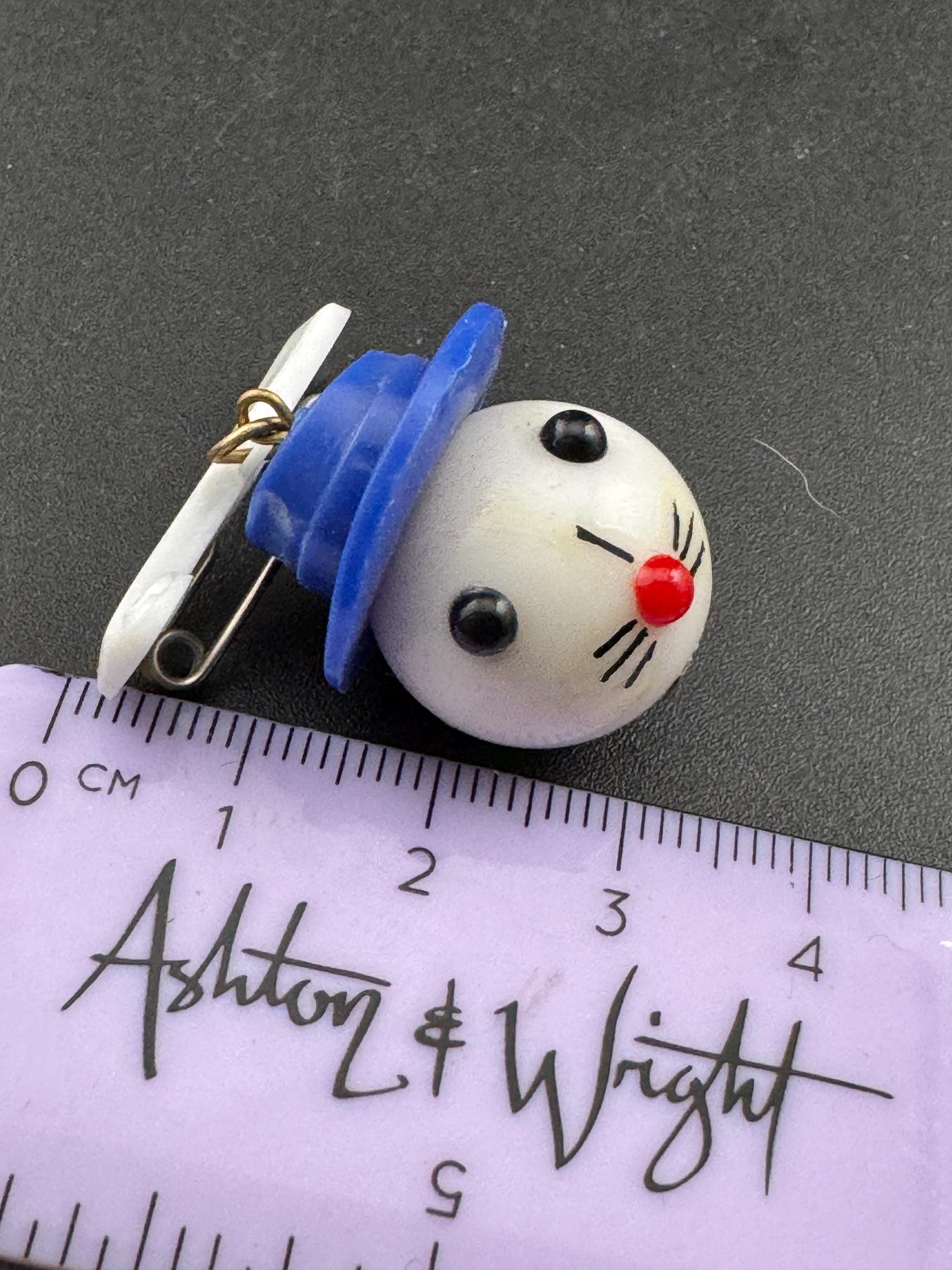 Vintage Kitsch Rabbit Brooch: 1940s Blue Hat Plastic Pin