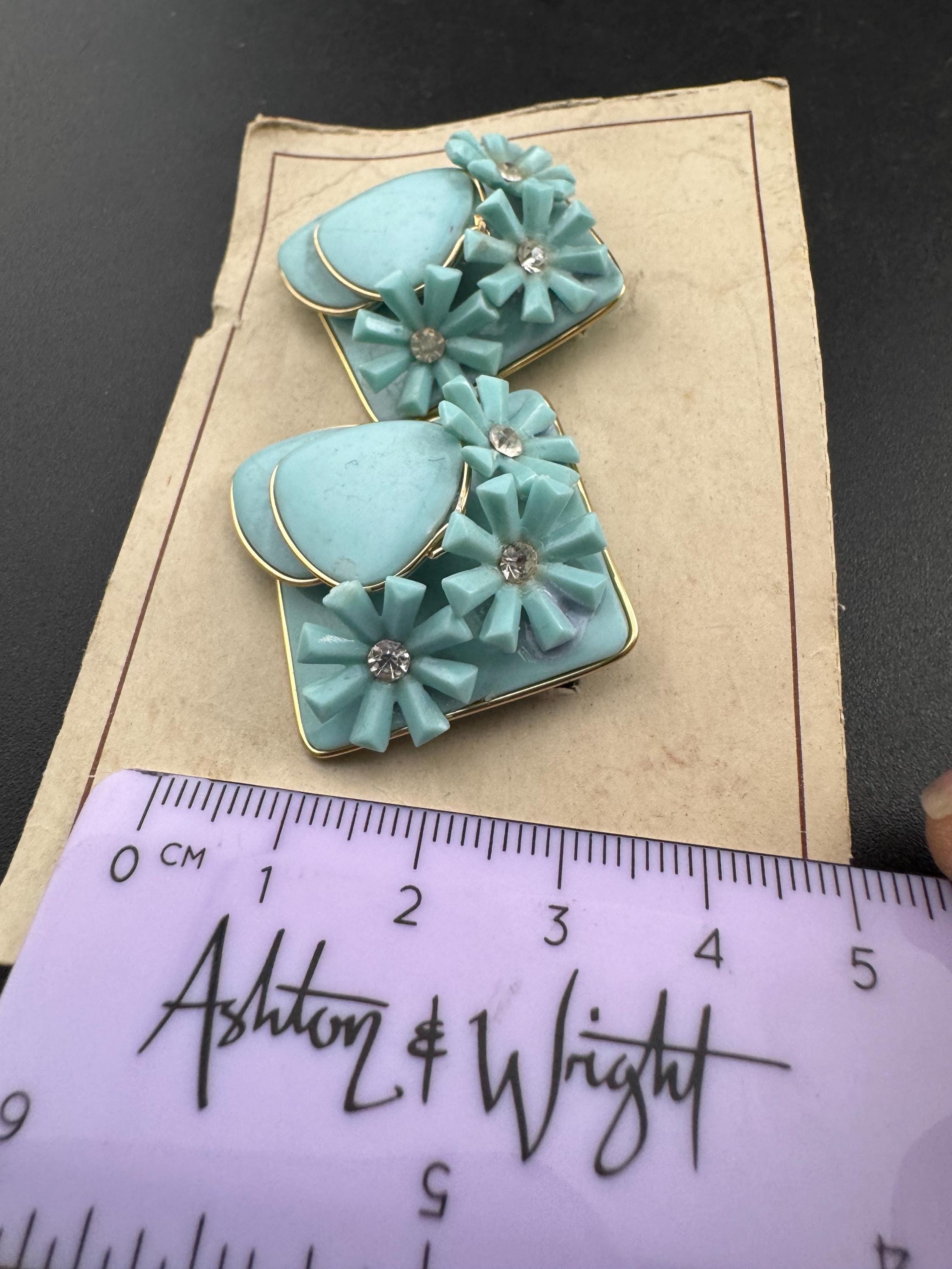 Oversized 4cm square turquoise blue hard plastic big clip on stud earrings with diamanté 1950s gold tone trim