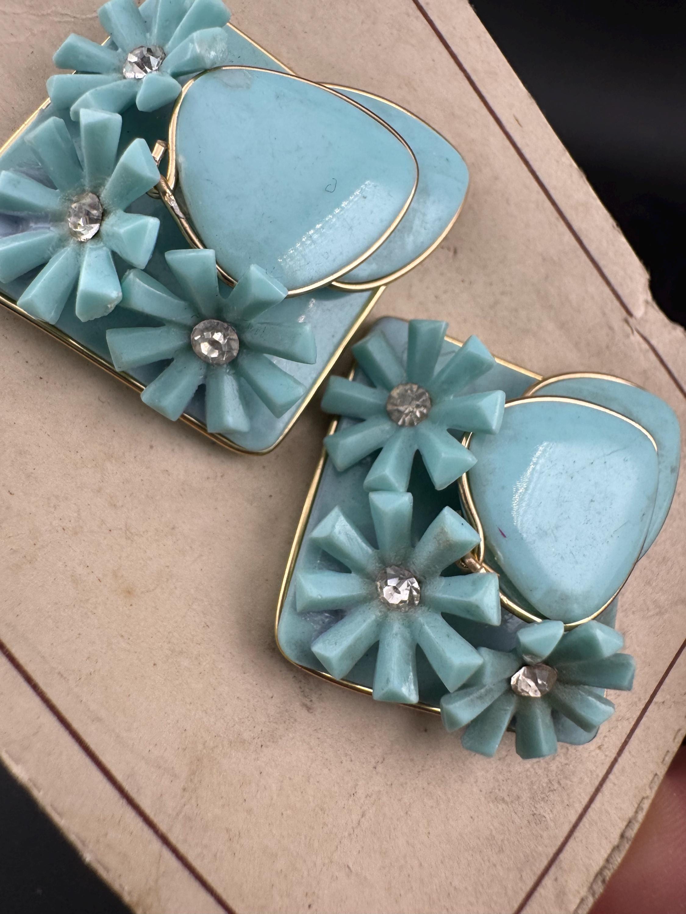 Oversized 4cm square turquoise blue hard plastic big clip on stud earrings with diamanté 1950s gold tone trim