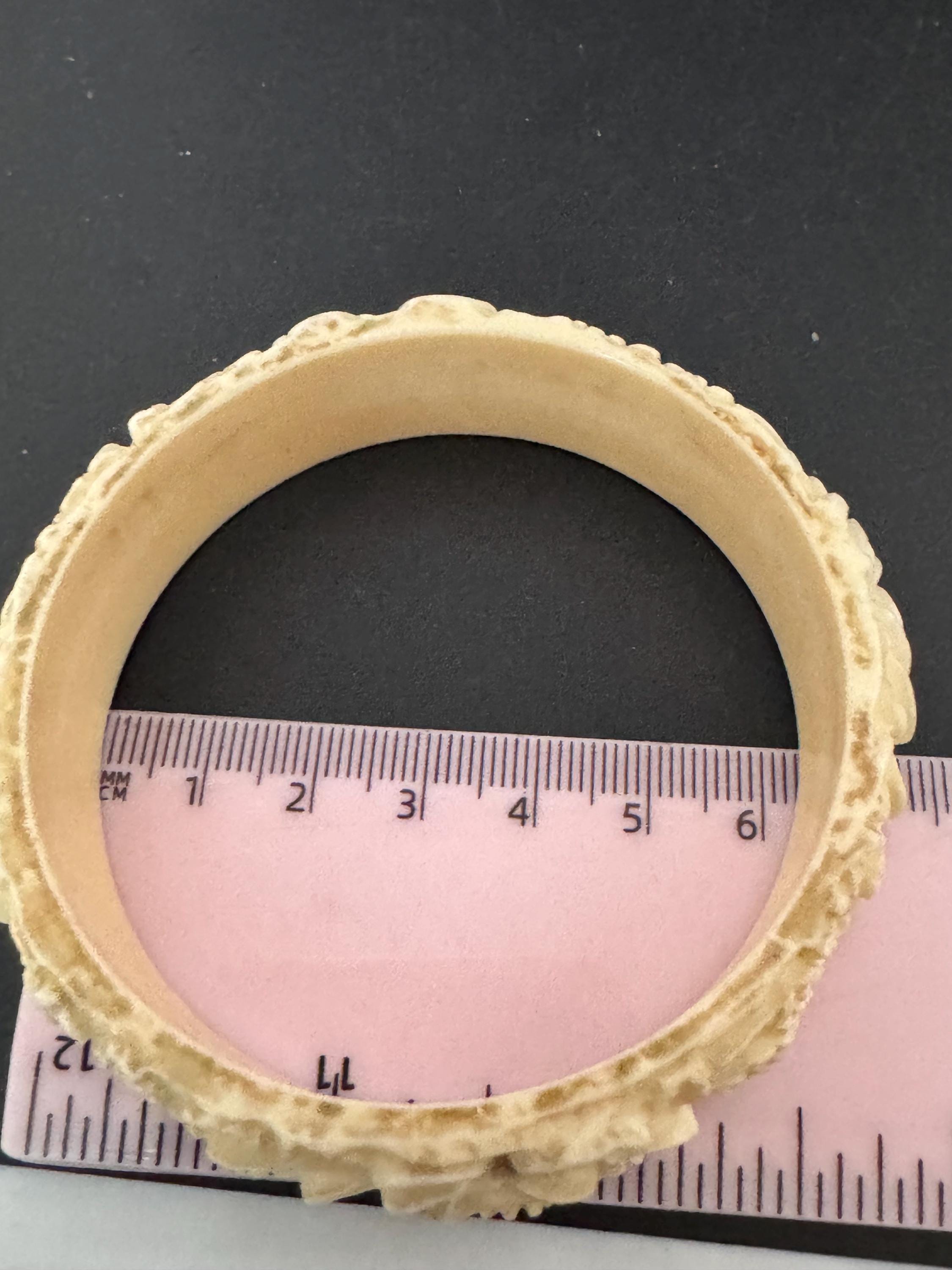 Antique Vintage Early Plastic Faux Bone Horn Celluloid Carved Detailed Floral Bangle Bracelet