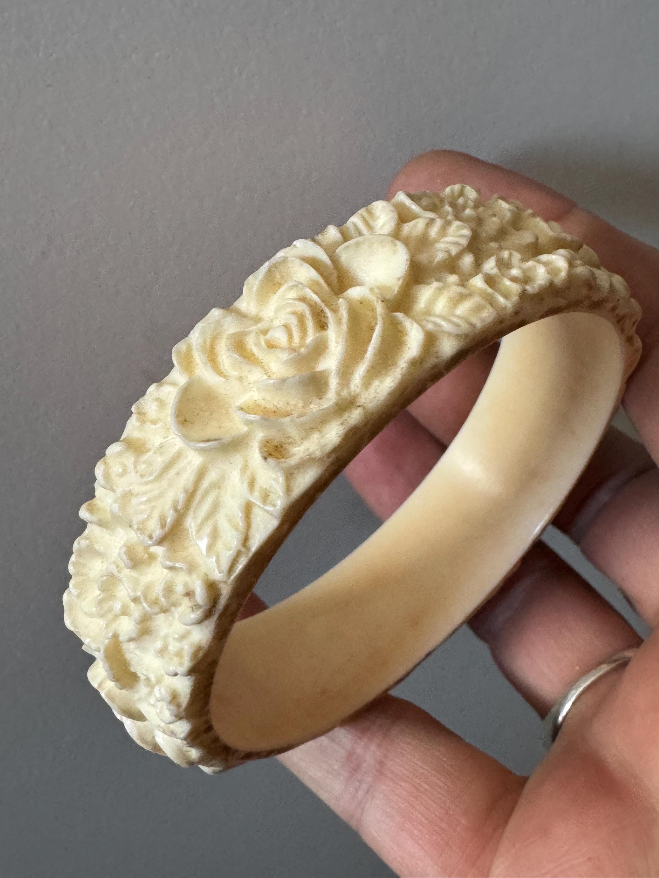 Antique Vintage Early Plastic Faux Bone Horn Celluloid Carved Detailed Floral Bangle Bracelet