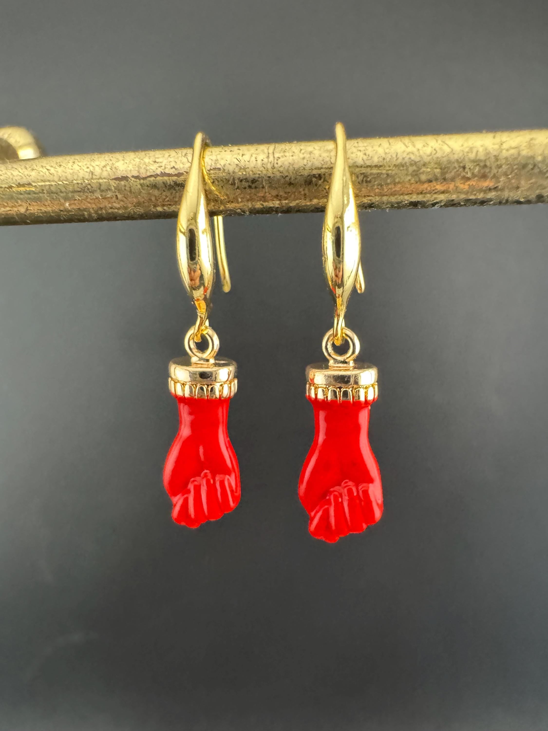 18k gold plated red, black, pink and coral enamel figa hand fist dangly drop earrings , GP earwires , Victorian style