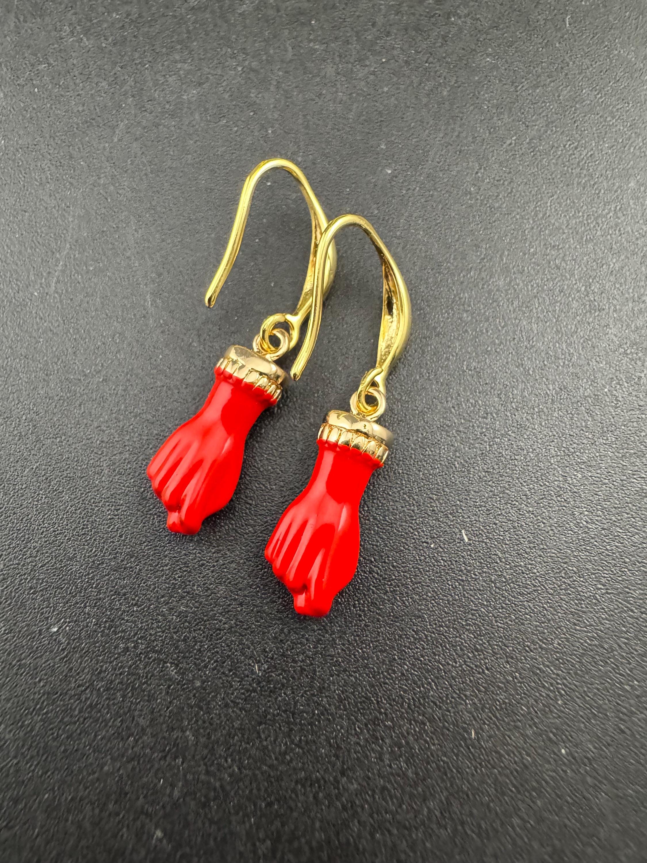 18k gold plated red, black, pink and coral enamel figa hand fist dangly drop earrings , GP earwires , Victorian style