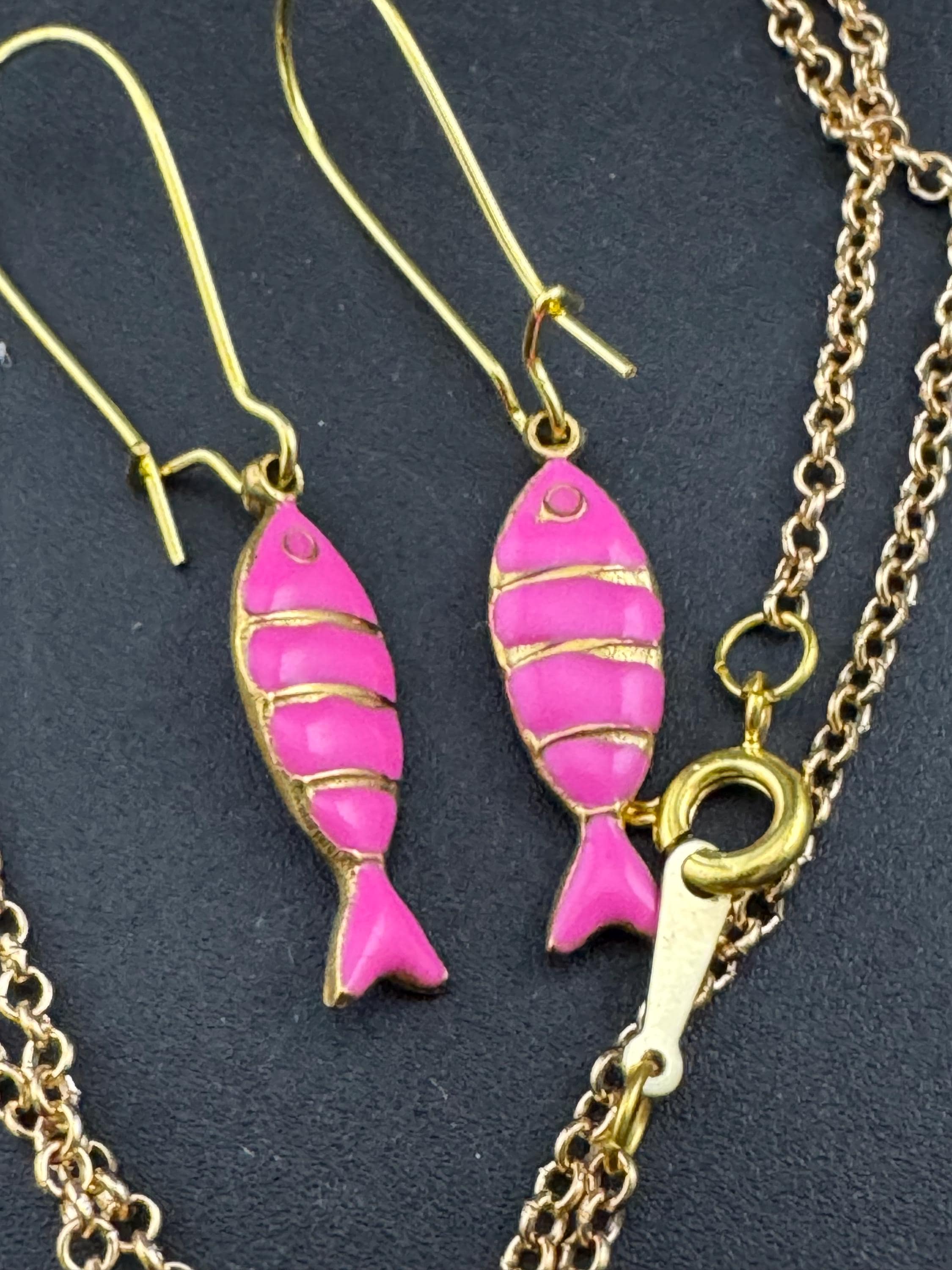Pink Enamel Sardine Fish Earrings and Pendant: Gold Nautical Jewelry Set