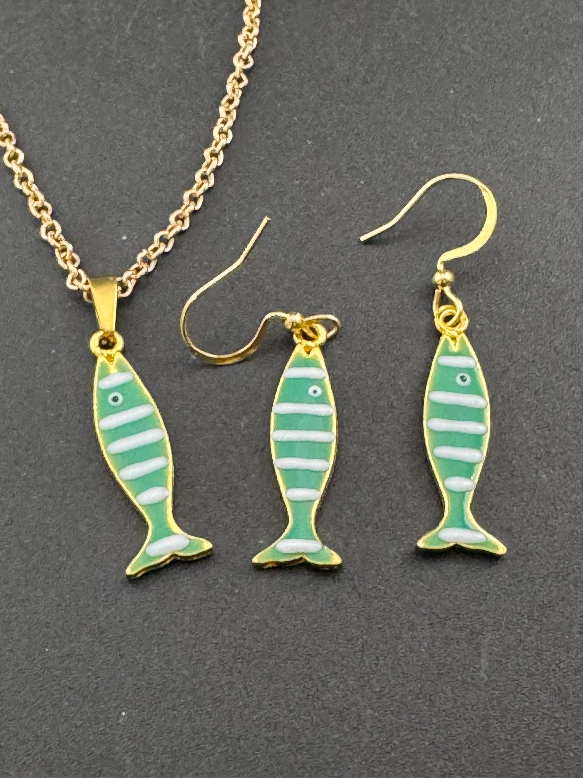 Enamel Sardine Fish Earrings & Pendant Set: Nautical Gold Chain Jewelry