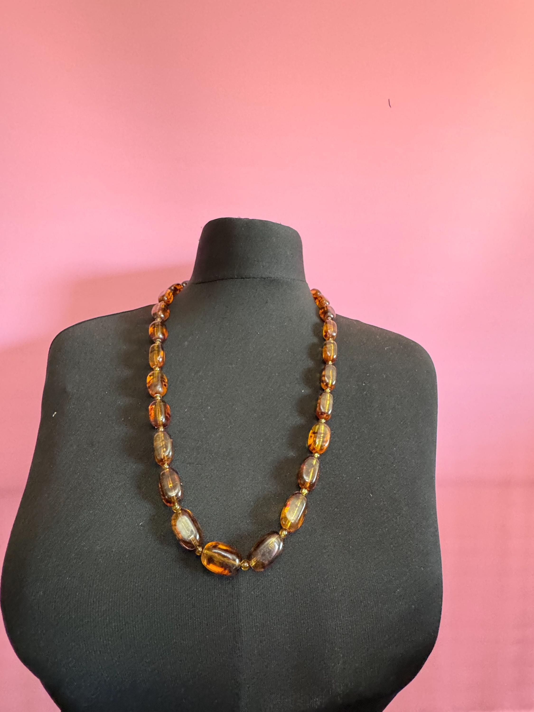 Vintage plastic oval beaded necklace brown faux tortoiseshell tones