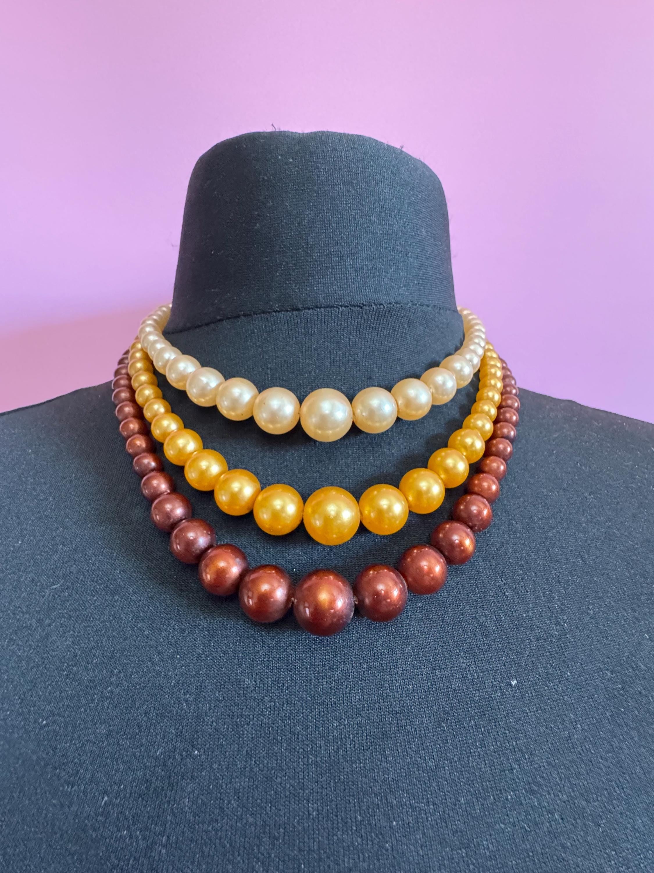 Vintage 1960s 3 row brown orange cream ombre plastic pearl beaded wide choker collar bib waterfall necklace