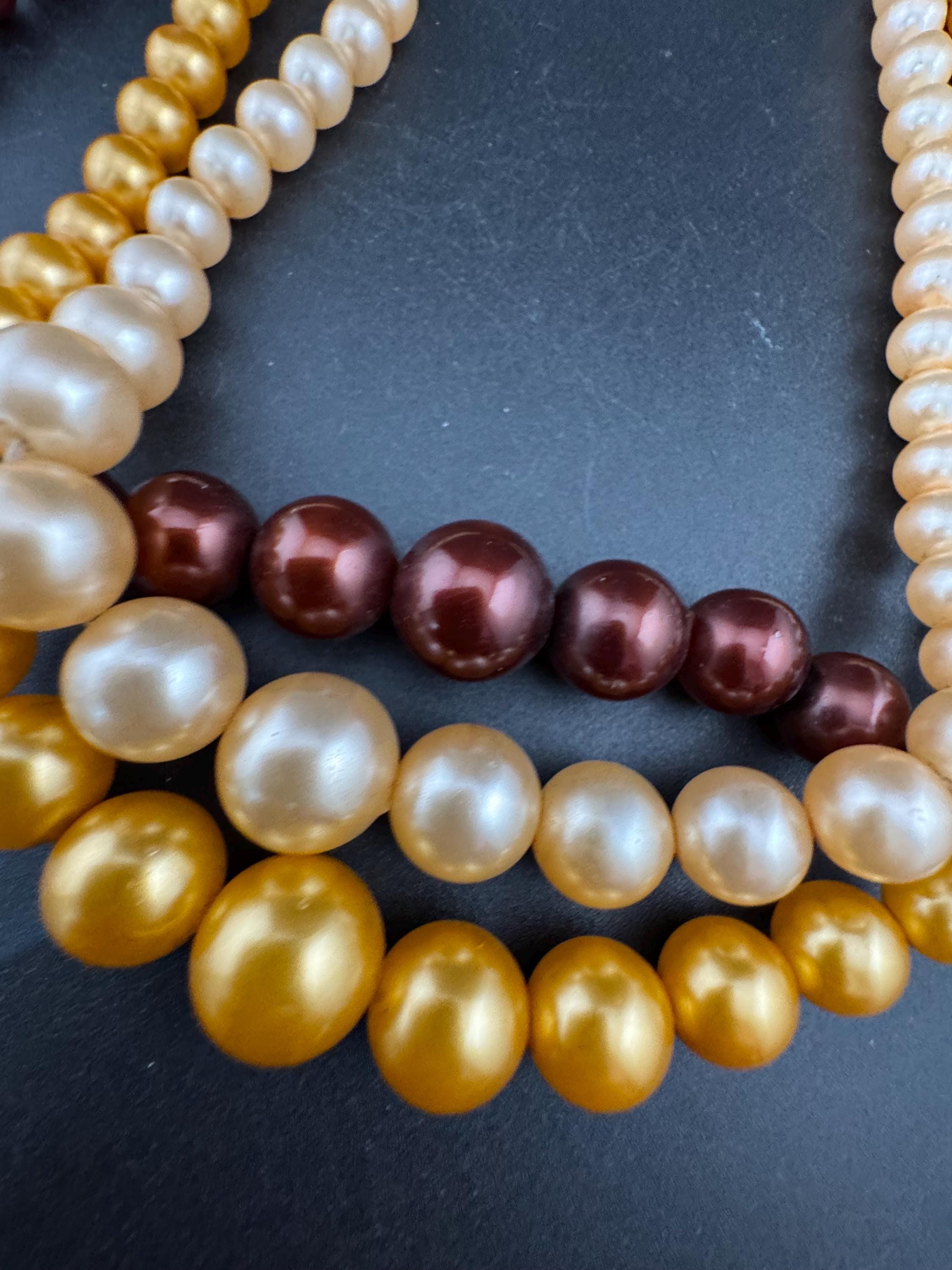 Vintage 1960s 3 row brown orange cream ombre plastic pearl beaded wide choker collar bib waterfall necklace