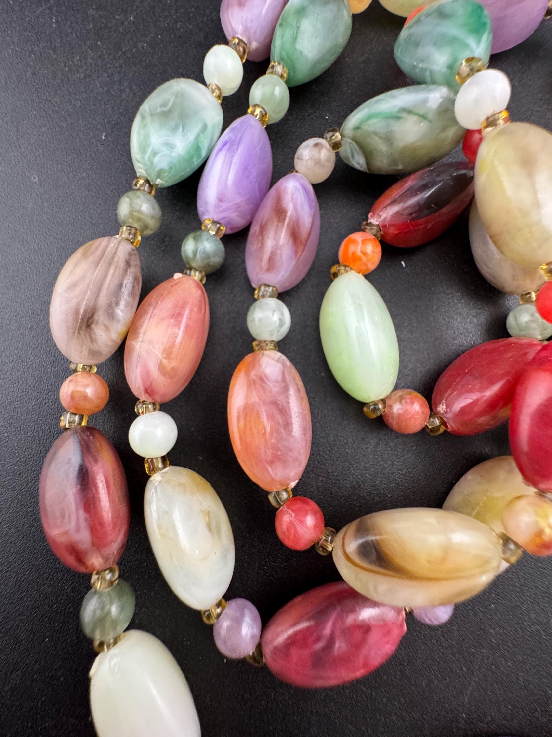 Vintage green purple white and orange plastic pebble beaded necklace 92cm long