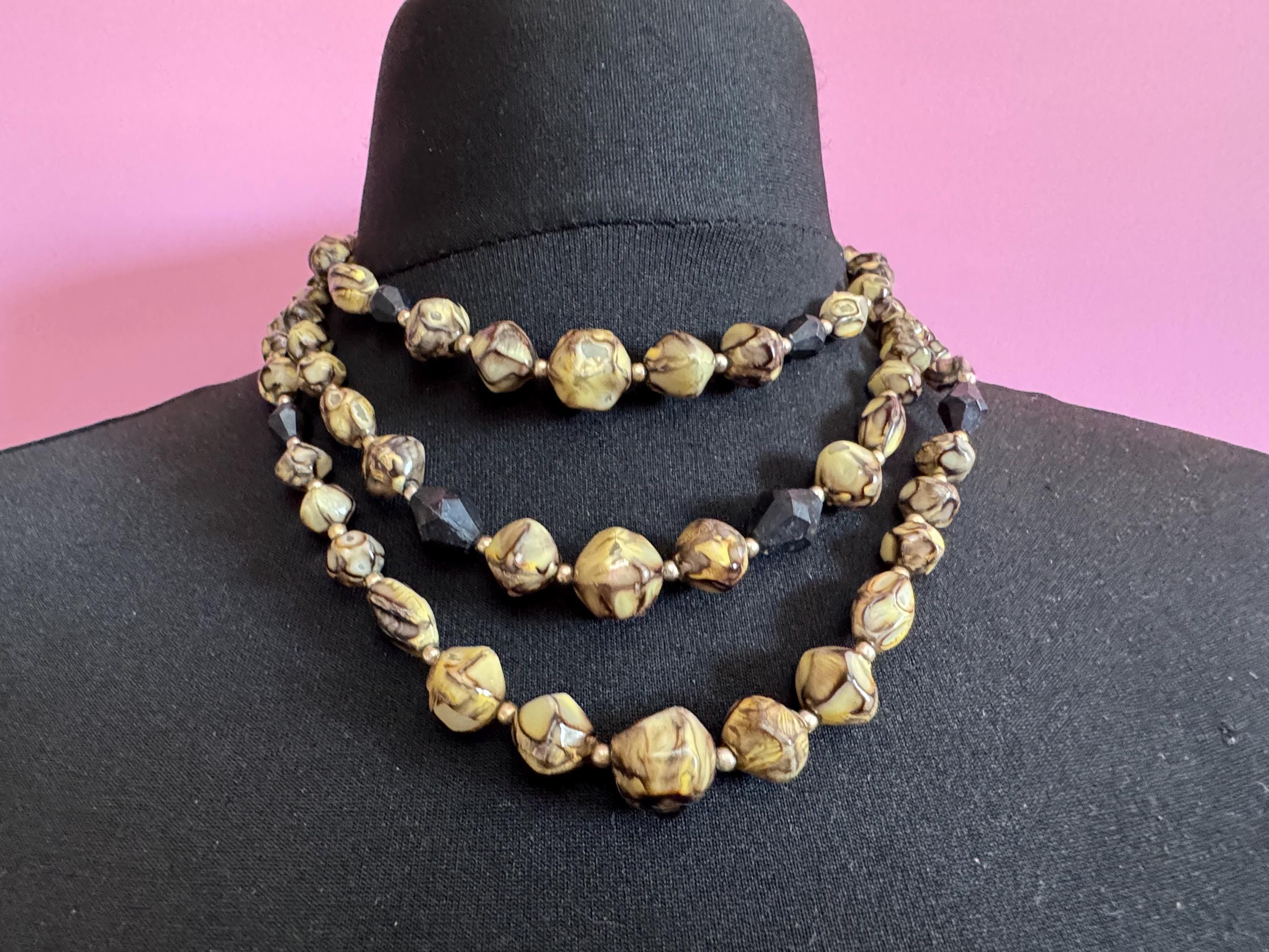 Vintage Hong Kong 3 triple strand row khaki green cream beaded Multistrand choker necklace